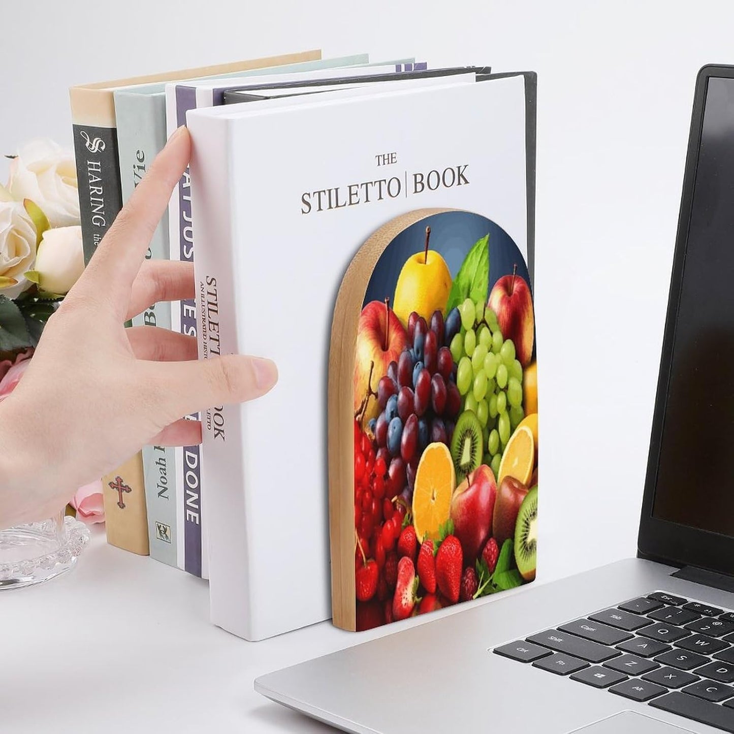 Fruits Bookend for Shelves Wooden Book End Large Size Sturdy Book Holders Stoppers with Metal Base for Bookshelves Slick Decorative Bookends Stands