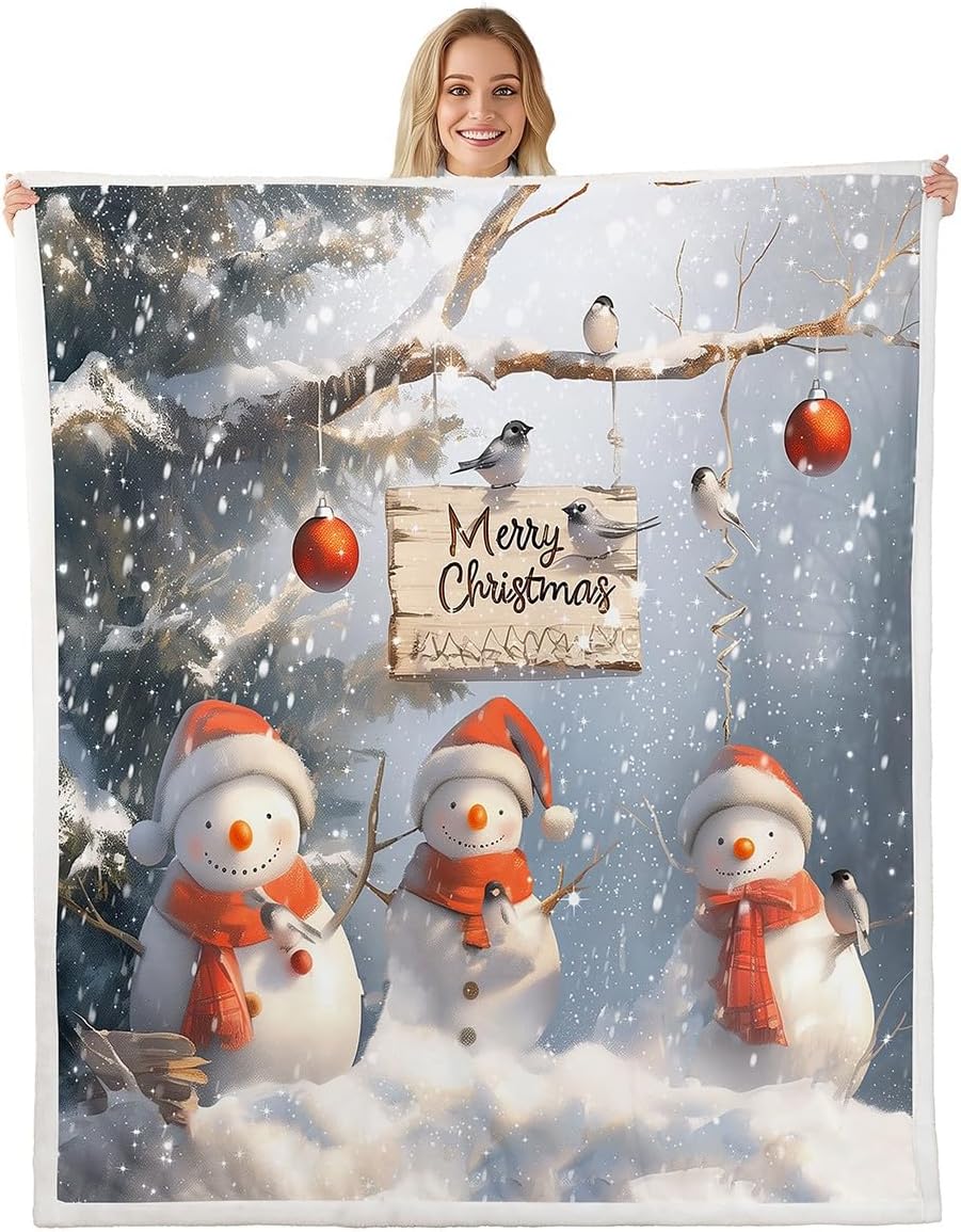 Feelyou Kids Merry Christmas Fleece Throw Blanket Queen 90"x90" Xmas Snowman Plush Blanket Boys Girls Teens Falling Snowflake Snow Sherpa Blanket Winter Holiday Theme Fuzzy Blanket