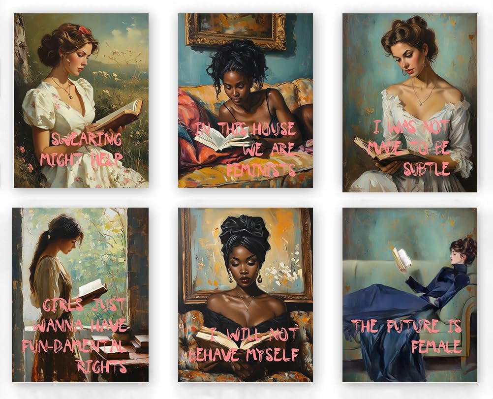 Vintage Feminist Wall Art,Woman Reading art print Poster,Inspirational Feminism Poster,Feminist Fine Art Prints,Motivational Quotes for Women-Decor for Bedroom,Living Room-Set of 6(8x10 in-Unframed)