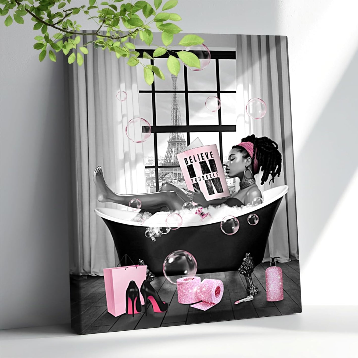 Ewozet African American Women Bathroom Wall Art Decor Black Girl Reading Lying in the Bathtub Canvas Wall Decor Modern Pink and Black Girls Pictures Framed Artwork for Bathroom Bedroom Living Room