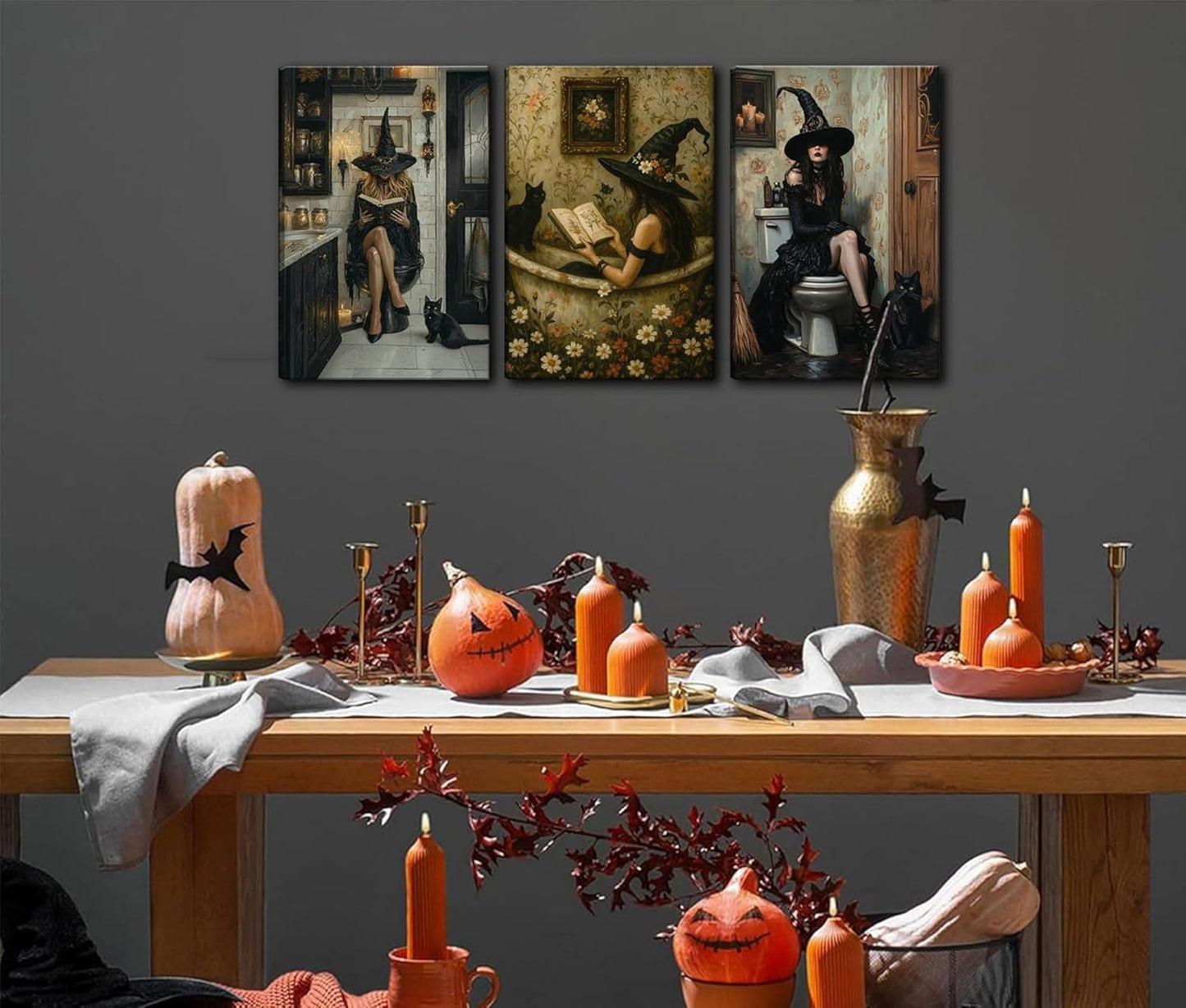 3Pcs Gothic Bathroom Canvas Wall Art Black Cat and Witch Reading Book in Bathtub Poster Prints Dark Academia Wall Decor picturesfor Bathroom Gallery Toilet Restroom Home Decoration