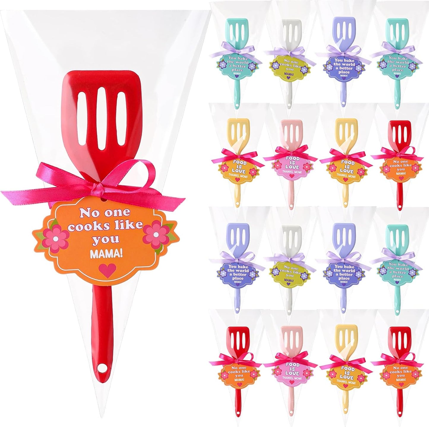 Honeydak 24 Sets Mother's Day Gifts 8.8 Inch Silicone Spatula Bulk Greeting Cards Bags and Ribbon Heat Resistant Rubber Spatulas for Cooking