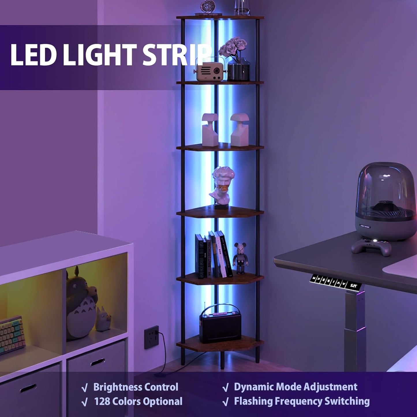 6 Tier Corner Shelf with LED Light,Tall Standing Shelf Organizer,Narrow Bookshelf,The Classic Combination of Rustic Brown and Black Standing Bookcase,Suitable for Bedroom,Living Room,Kitchen