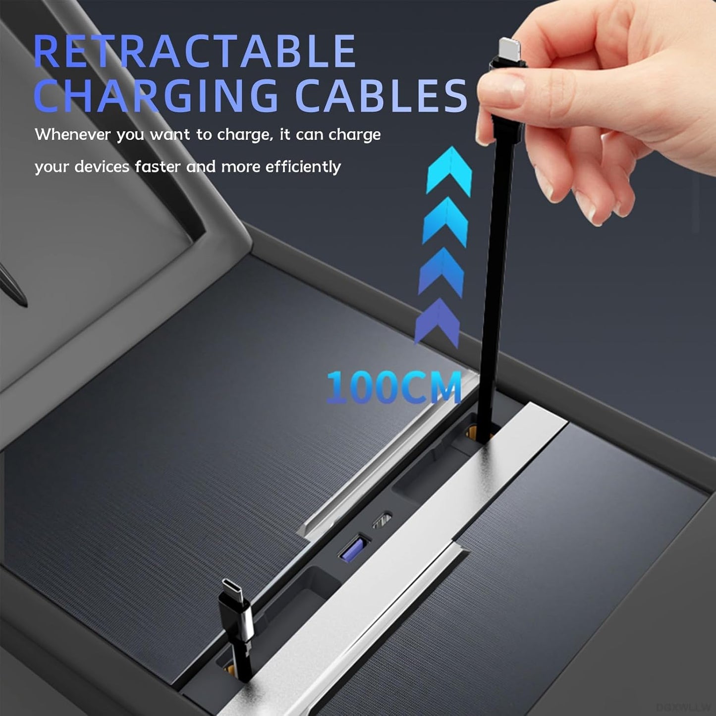 USB Hub for Tesla Model Y Juniper 2025 2026 Model 3 Highland 2024 2025 with Sliding Cover, 119W Dual Type-C Retractable Cables Multi Ports Fast Charger fit Center Console Docking Station