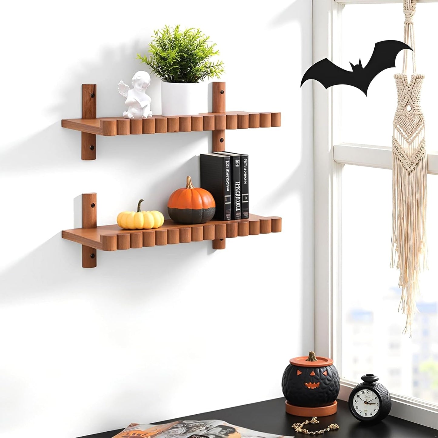 Floating Shelves for Wall, 2 PCS 15 inch Wood Wall Decor Shelf Bookshelf, Decorative Picture Ledge Shelves for Bedroom, Living Room Storage, Brown