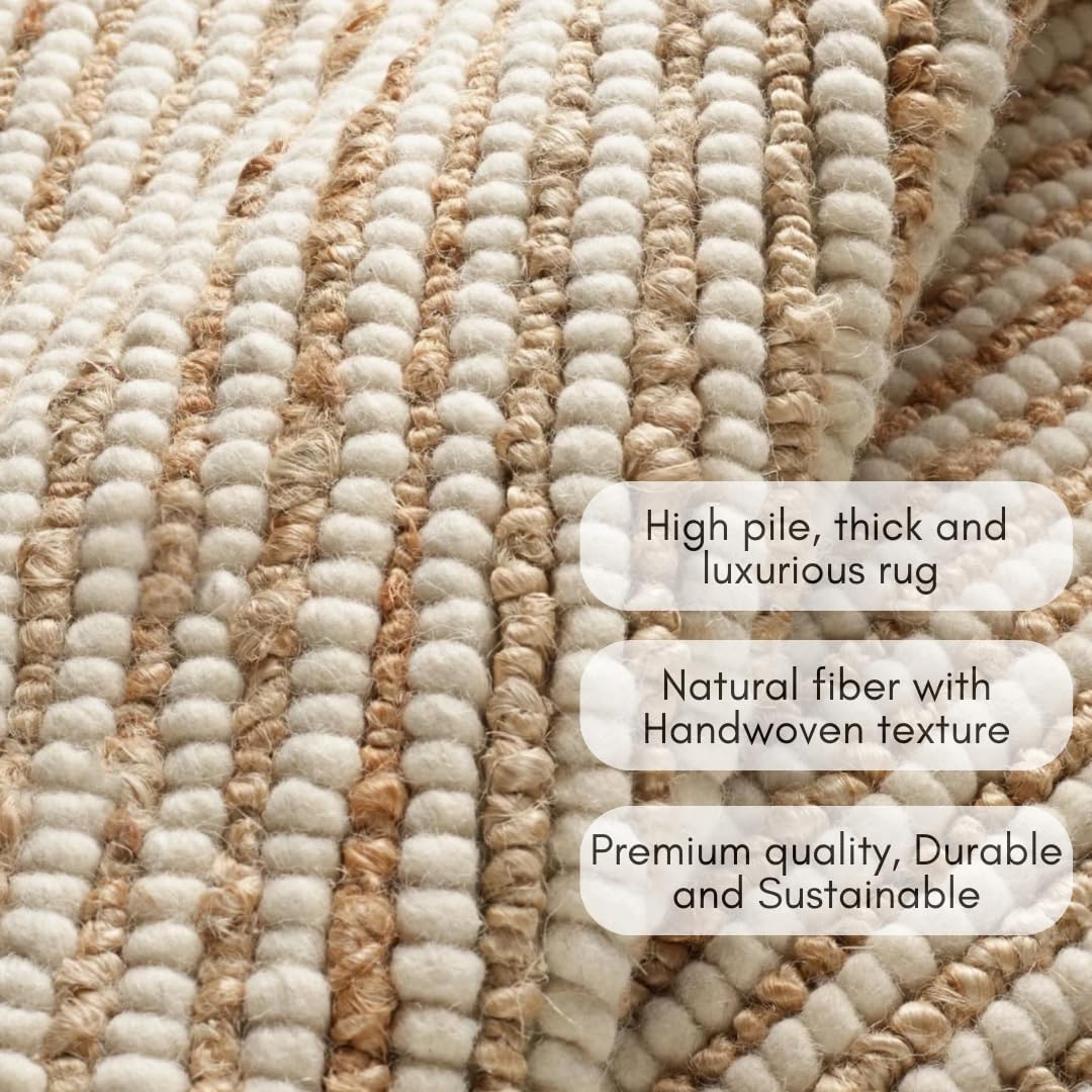 FRELISH DECOR Wool and Jute Premium Handwoven Chunky Stripes Rug - Contemporary Area Rug for Living Room Bedroom (6' x 9' - Natural Ivory)