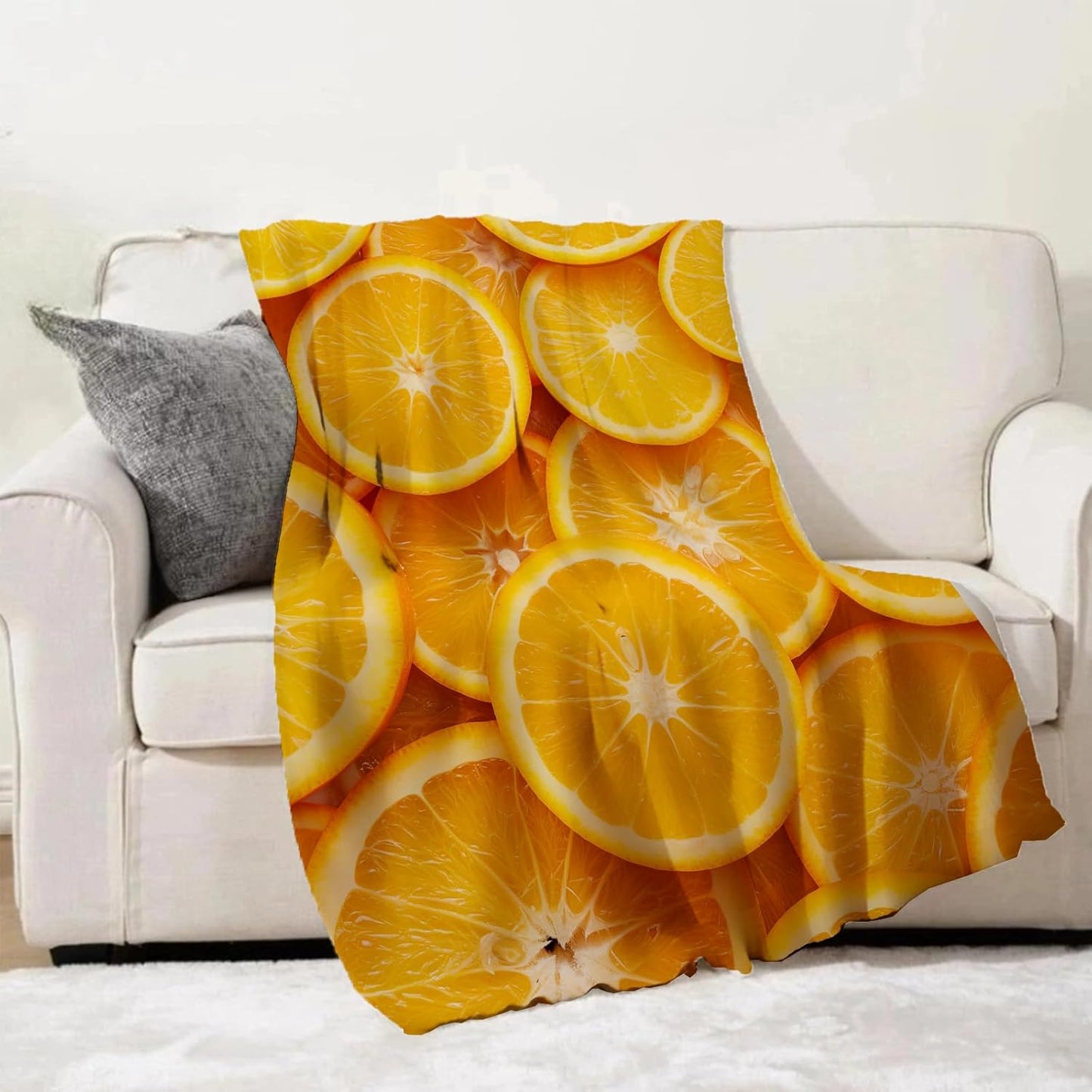 Citrus Slice Blanket Gifts - Bright Orange Fleece Throw with Fresh Fruit Design - Perfect for Summer Decor, and Fruit Lovers - 50x60 Inches