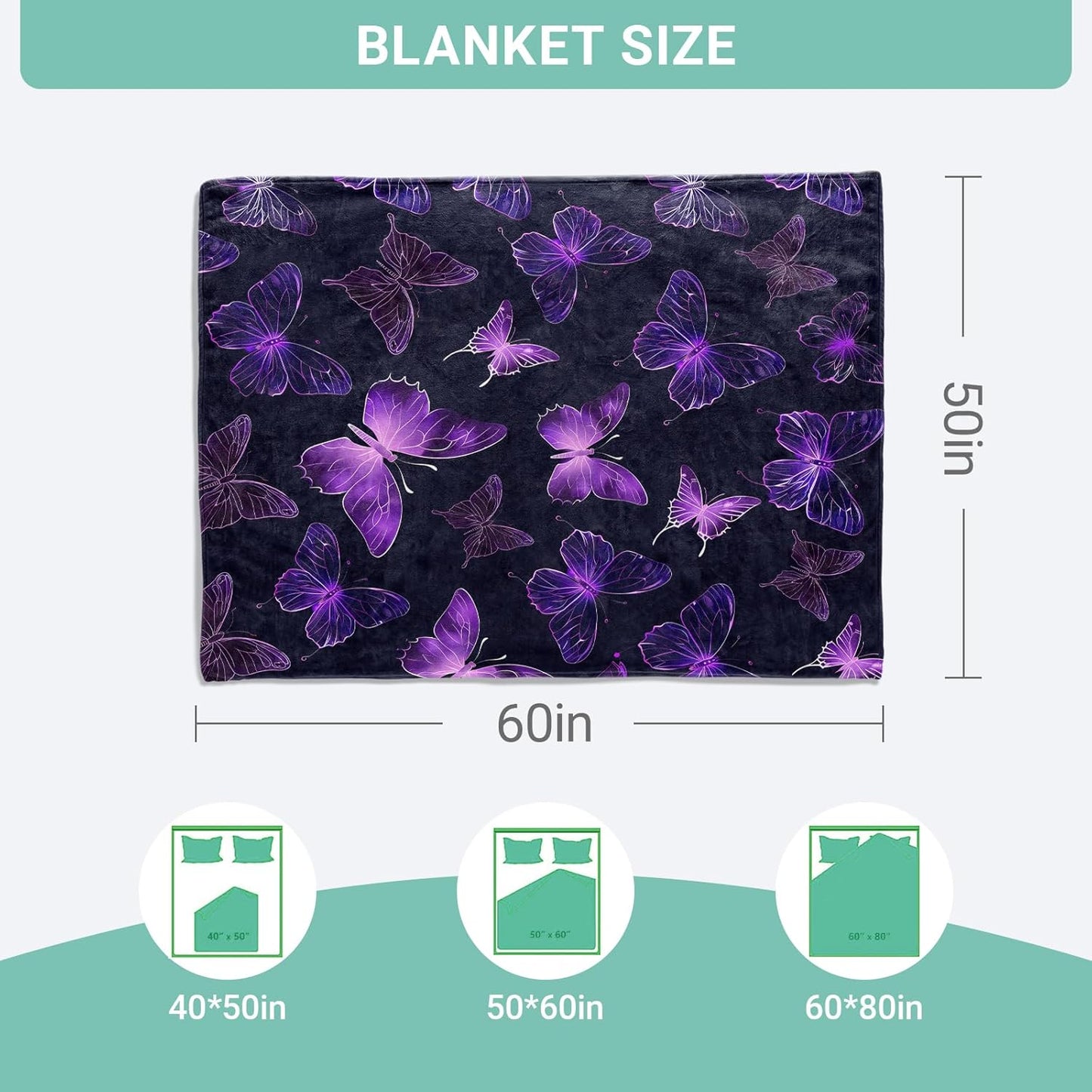 Fantasy Purple Butterfly Throw Blanket, Glowing Insect Flannel Blankets Gifts for Girls Women and Nature Lovers, Home Decor Throws for Couch Bed Camping Travel Living Room Bedroom, 50x60 Inch