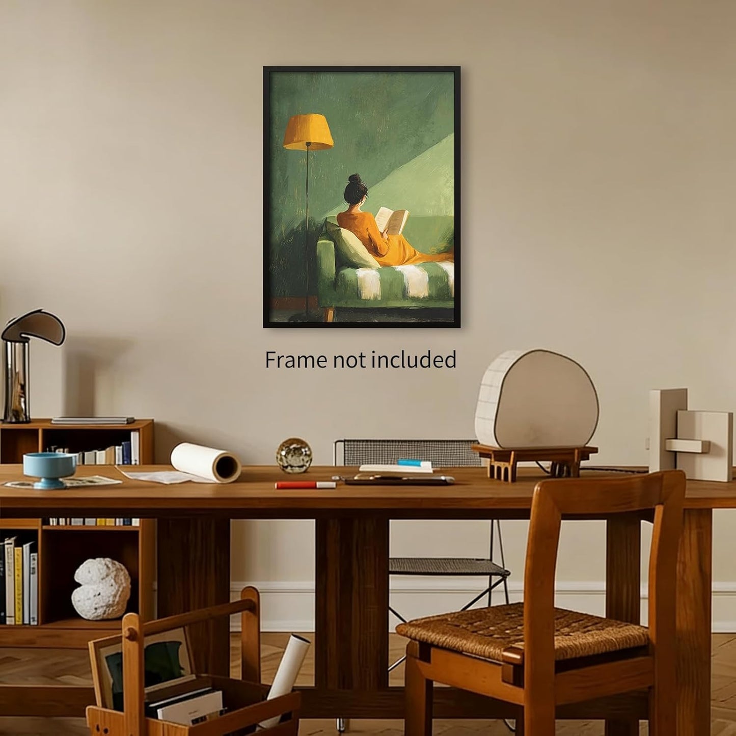 MWZUPQ Female Reading Book Poster Green Trendy Minimalist Book Wall Art Modern Vintage Aesthetic Canvas Prints Library Living Room Dorm wall decor 16X24 inch Unframed