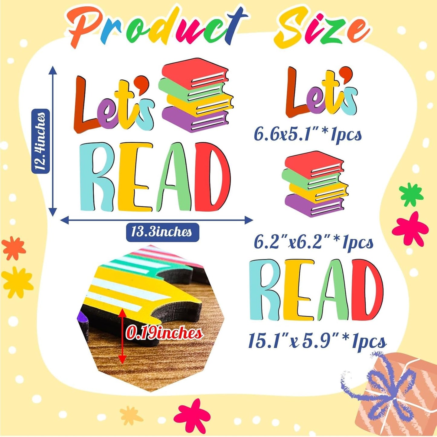 Let's Read Sign Wall Decals Colorful Reading Rooom Wall Decor Stickers Reading Nook Wood Sign Decals Decor Removable Motivational Walls Sicker for Kids Bedroom Playroom Nursery Library Classroom Decor