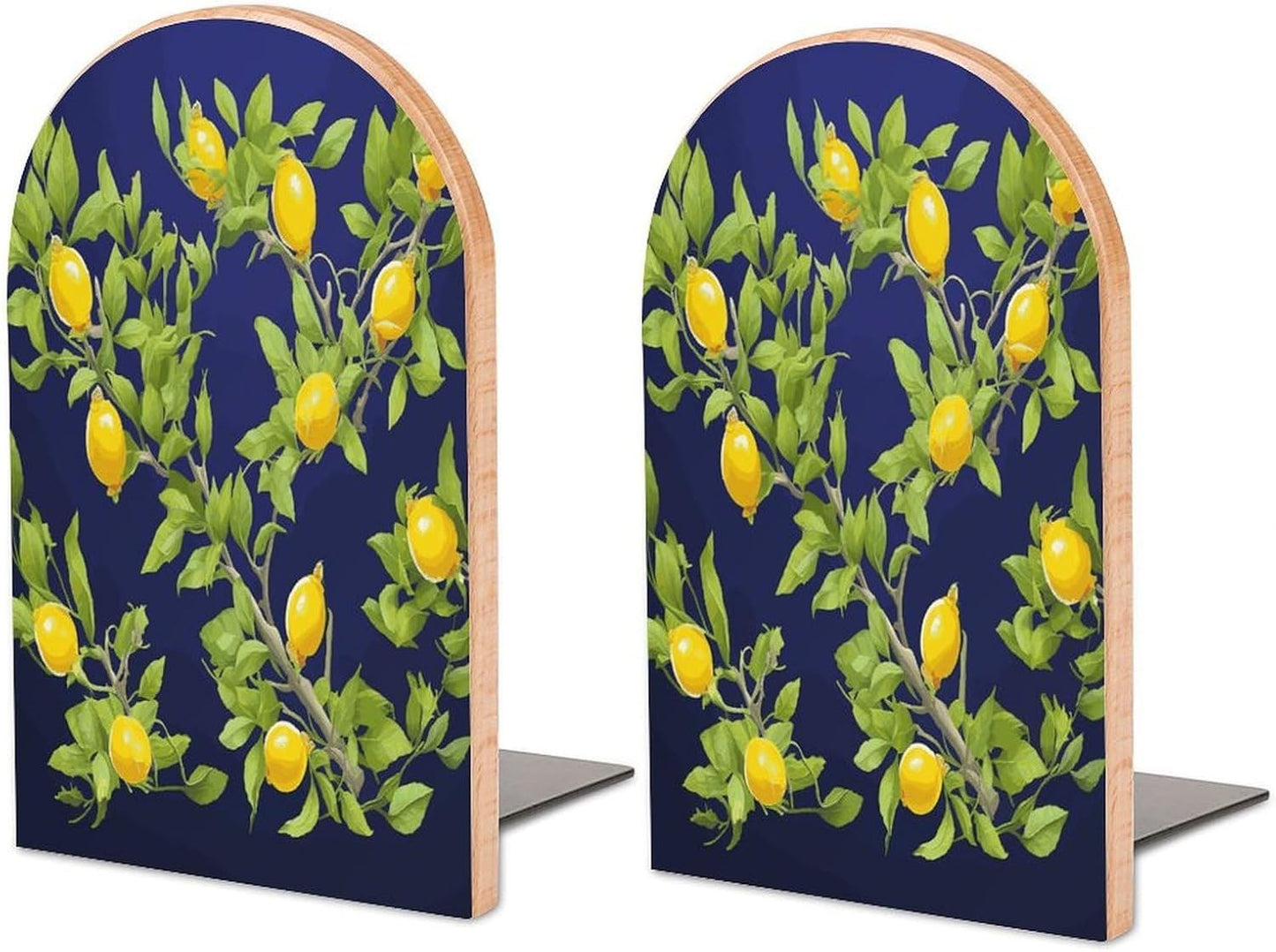Lemon Tree Bookend for Shelves Wooden Book End Large Size Sturdy Book Holders Stoppers with Metal Base for Bookshelves Slick Decorative Bookends Stands