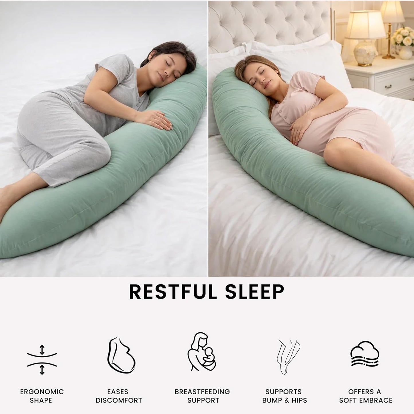 Pregnancy Pillow for Side Sleeping, 74 Inch C Shaped Long Body Pillow, Sleep Bolster Pillow, Maternity Body Pillow with Removable Cover, Soft and Supportive, Light Green