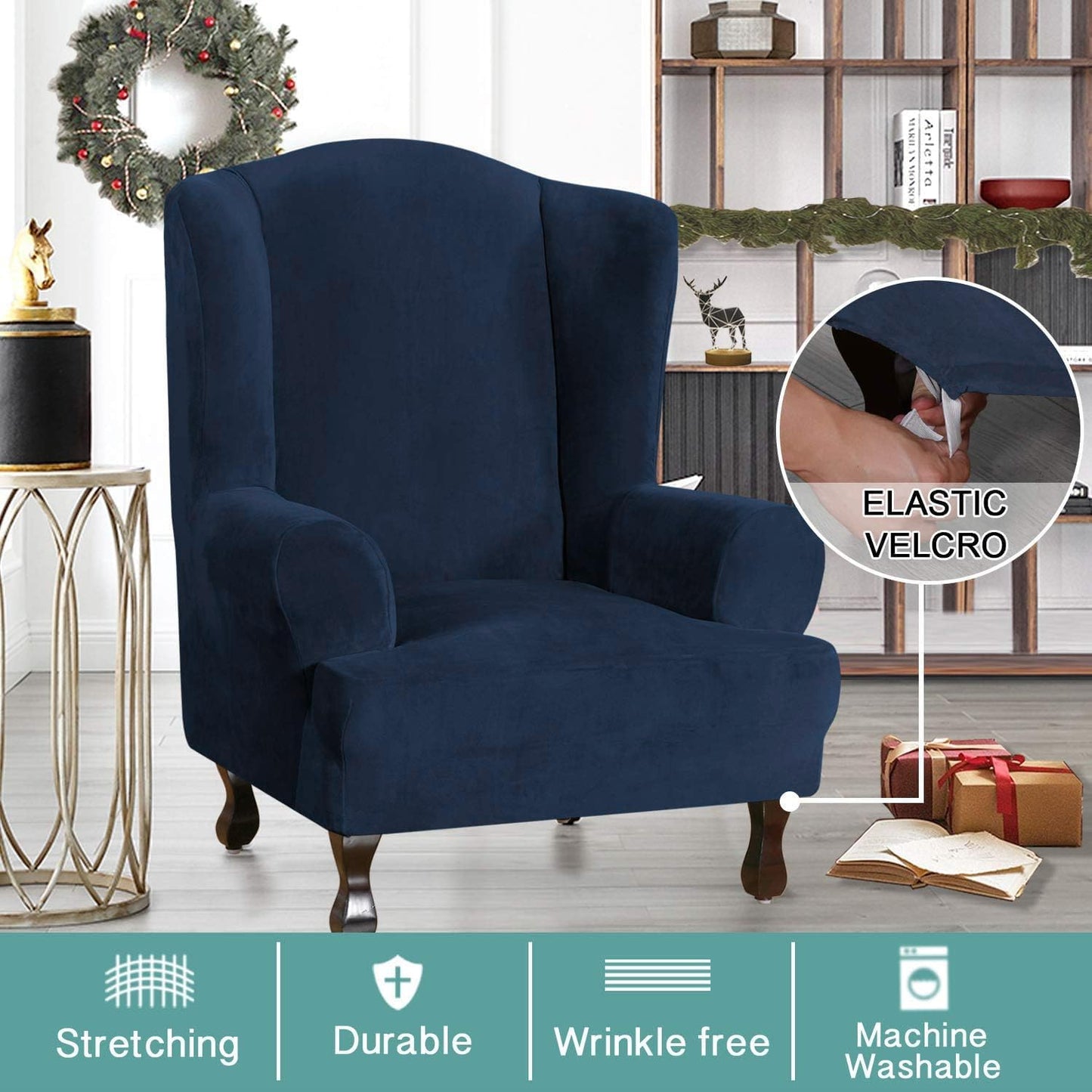 Turquoize Wing Chair Slipcover Velvet Slipcovers for Wingback Chairs Ultra Soft Velvet Sofa Covers 1-Piece Furniture Cover/Wingback Chair Cover with Elastic Bottom, Machine Washable (Wing Chair, Navy)