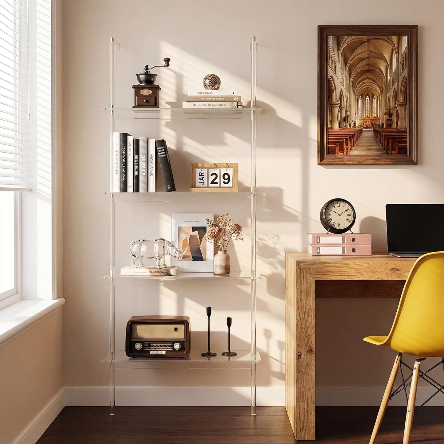 Acrylic Ladder Bookshelf Clear Wall Mounted Book Shelf 11.6" D X 23.4" W X 59.4" H, 4 Tier Shelf Sturdy Open Display for Living Room Bathroom Office