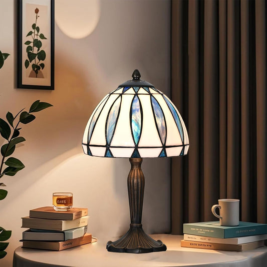 TL0034 Tiffany Style Table Lamp with Stained Glass Shade, Vintage Bronze Base W 8" x OH 14.25", Great for Home Office Small Space, LED Bulb Included (Blue White)