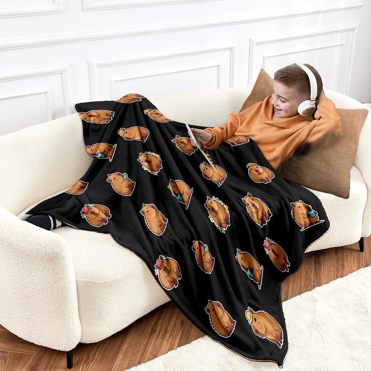 Capybara Gifts for Girls Boys Kids - Soft Fleece Throw Capybara Blanket 60"x80", Cozy Decorative Blankets for Bed, Couch, Sofa, Camping - Black