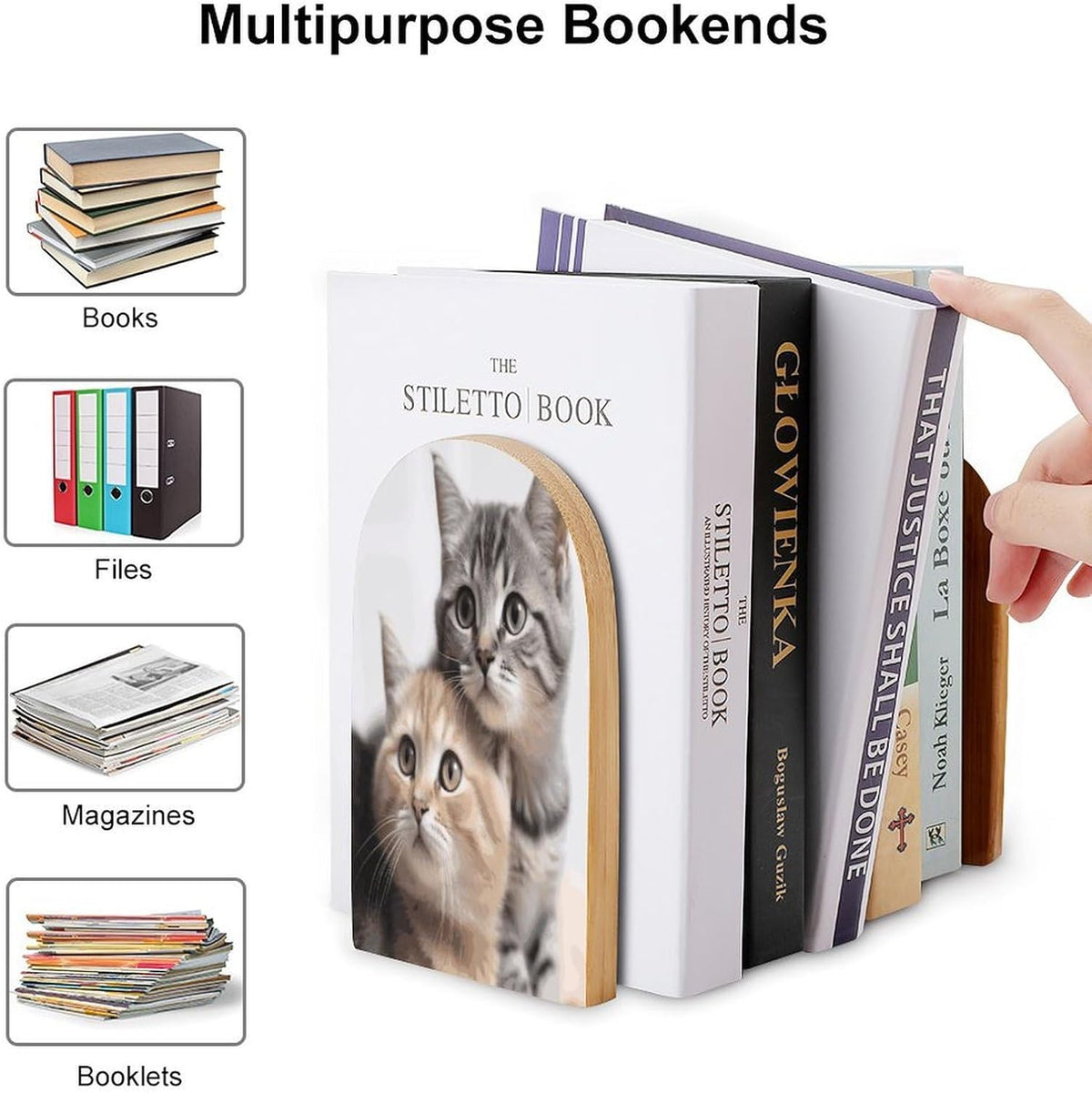 Non-Slip Bookend for Shelves Cats Wooden Bookends with Metal Base Decorative Book Stopper for Home Heavy Duty Wood Book Storage for Books/CDs
