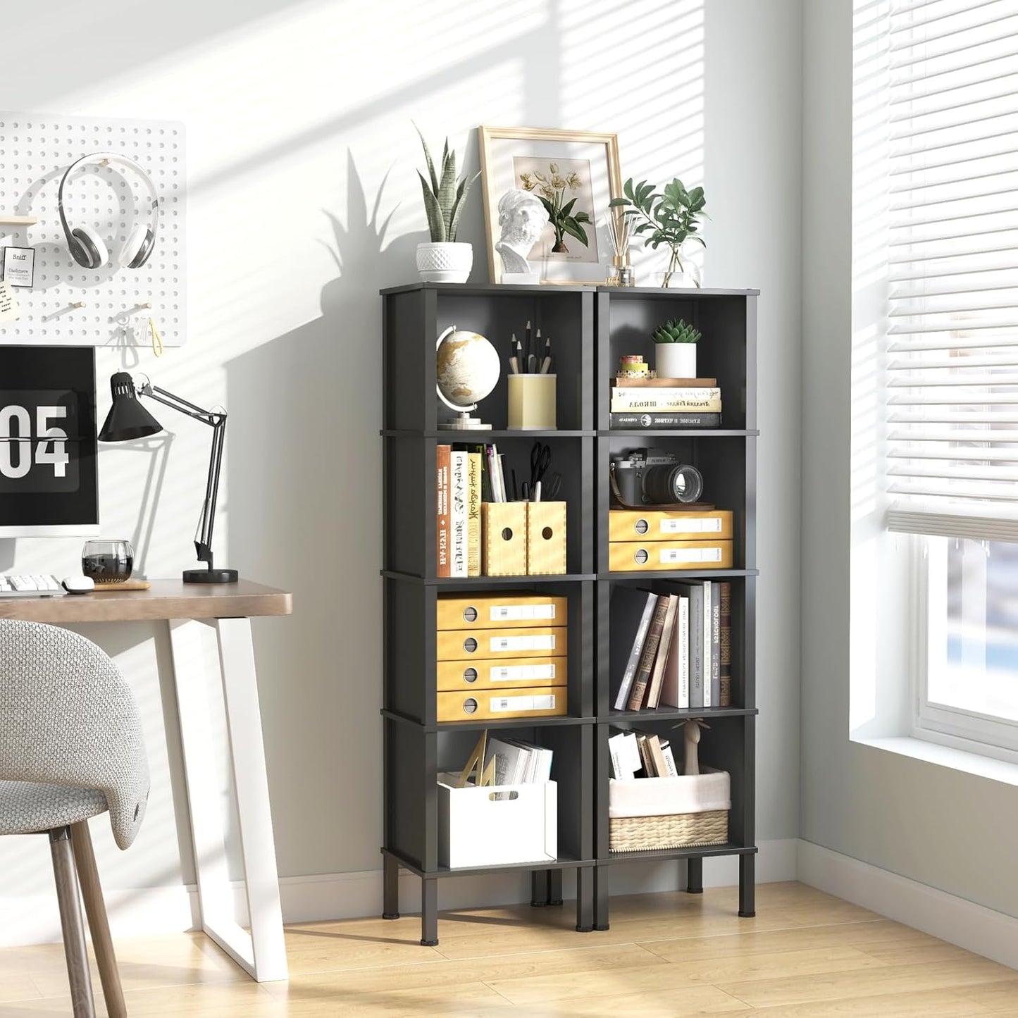 LAATOOREE 4-Tier Narrow Bookshelf for Small Spaces, Modern Cube Bookcase, Skinny Storage Shelving Unit, Open Display Rack, 14.2 x 11.2 x 52 inches, for Bedroom, Living Room, Home Office, Corner