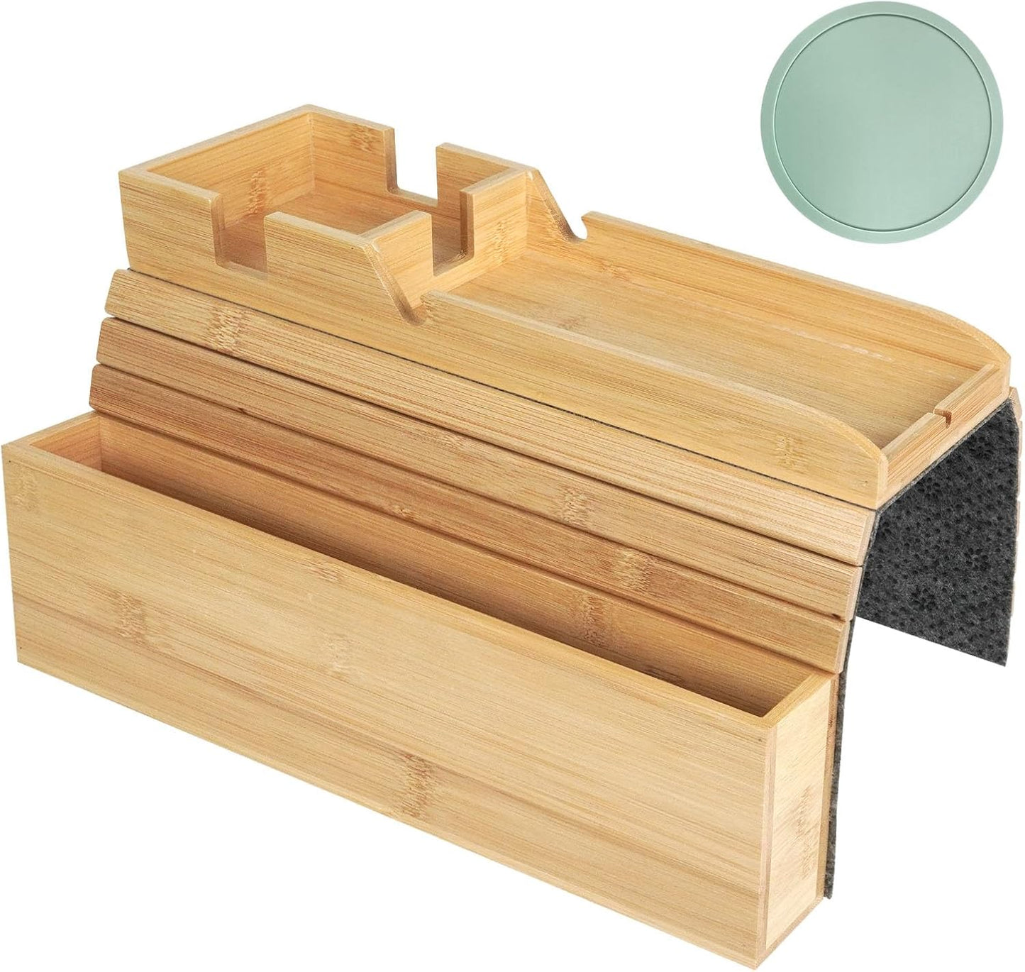 Bamboo Couch Armrest Table Foldable Sofa Arm Tray with Storage, Anti-Slip Cup Holder & Coaster, Splash-Proof Remote Holder for Snacks Phones Tablets TV Tray Couch Caddy Fits Armrests 4.5” and Wider