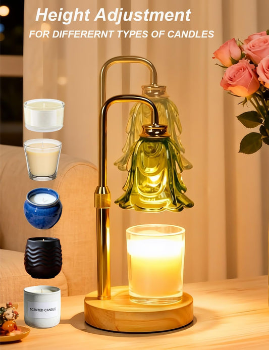 Candle Warmer Lamp with Timer, Green Flower Glass Candle Lamp Warmer, 5-Level Dimmable Lamp Candle Warmer Candle Wax Warmer Lamp, Adjustable Height Wax Melt Lamp Candle Burner Lamp
