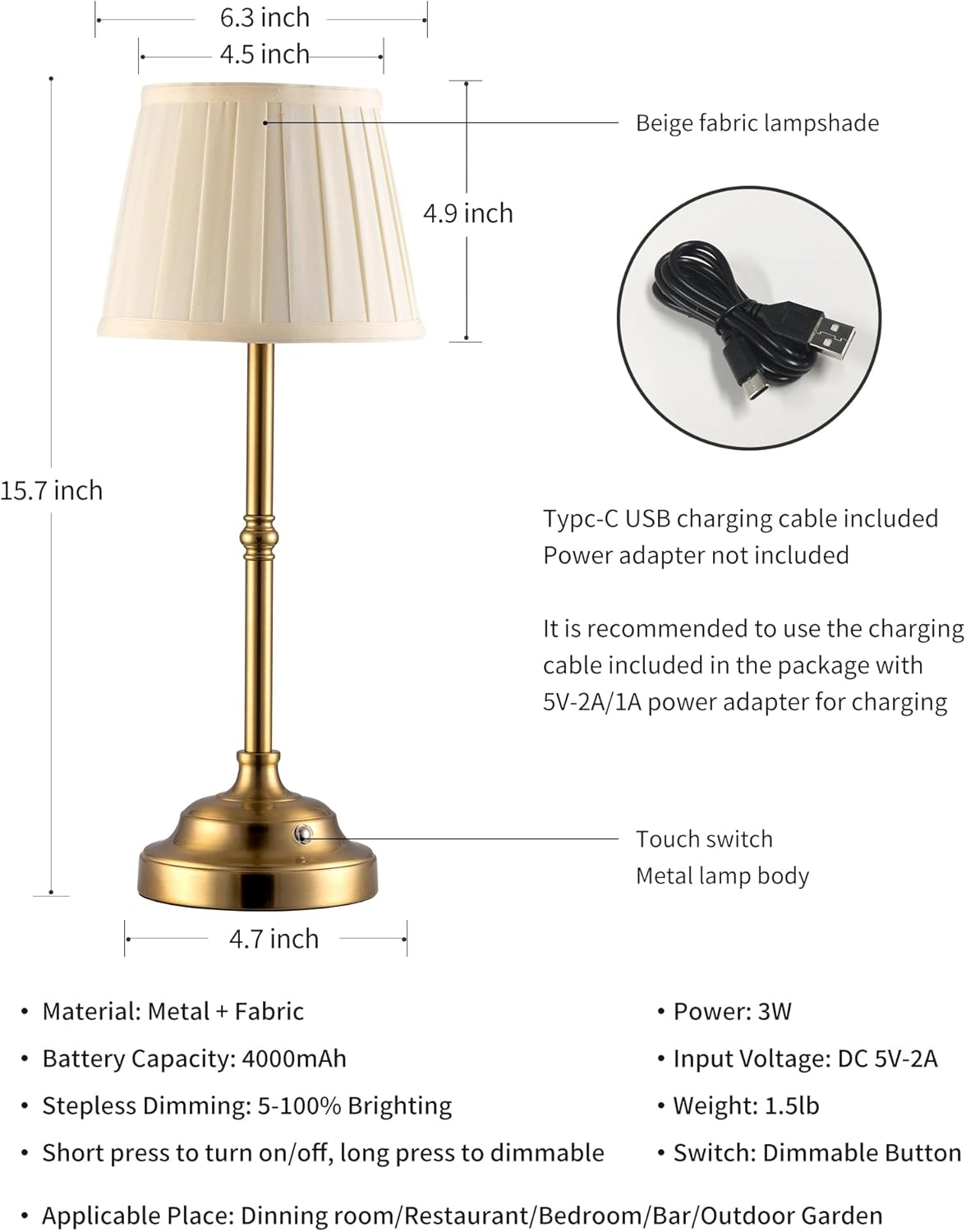 KDG Cordless LED Table Lamp Set of 2, Portables Fabric Shade Desk Lamps, 4000mAh Rechargeable Battery Powered Lighting, Dimmable Light for Dining Room, Bedroom, Bedside, Night Light, Balcony (Gold)
