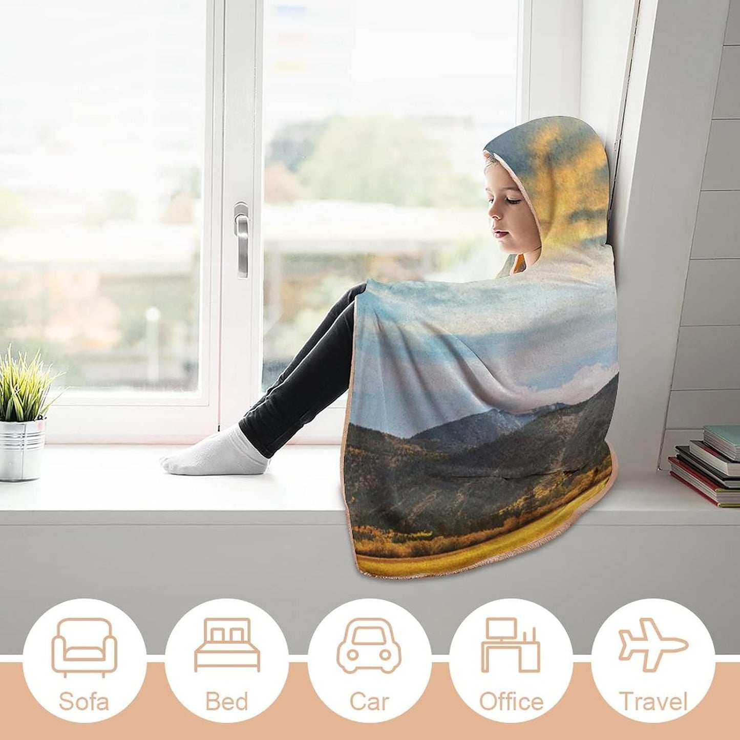 Throw Blankets, Woodland Wearable Hooded Blanket for Adults, Autumn in Mountain Golden Colored Grassland Sun Rays, Soft Warm Cozy, 60 x 80inches, Studying Reading Snuggling Napping Office