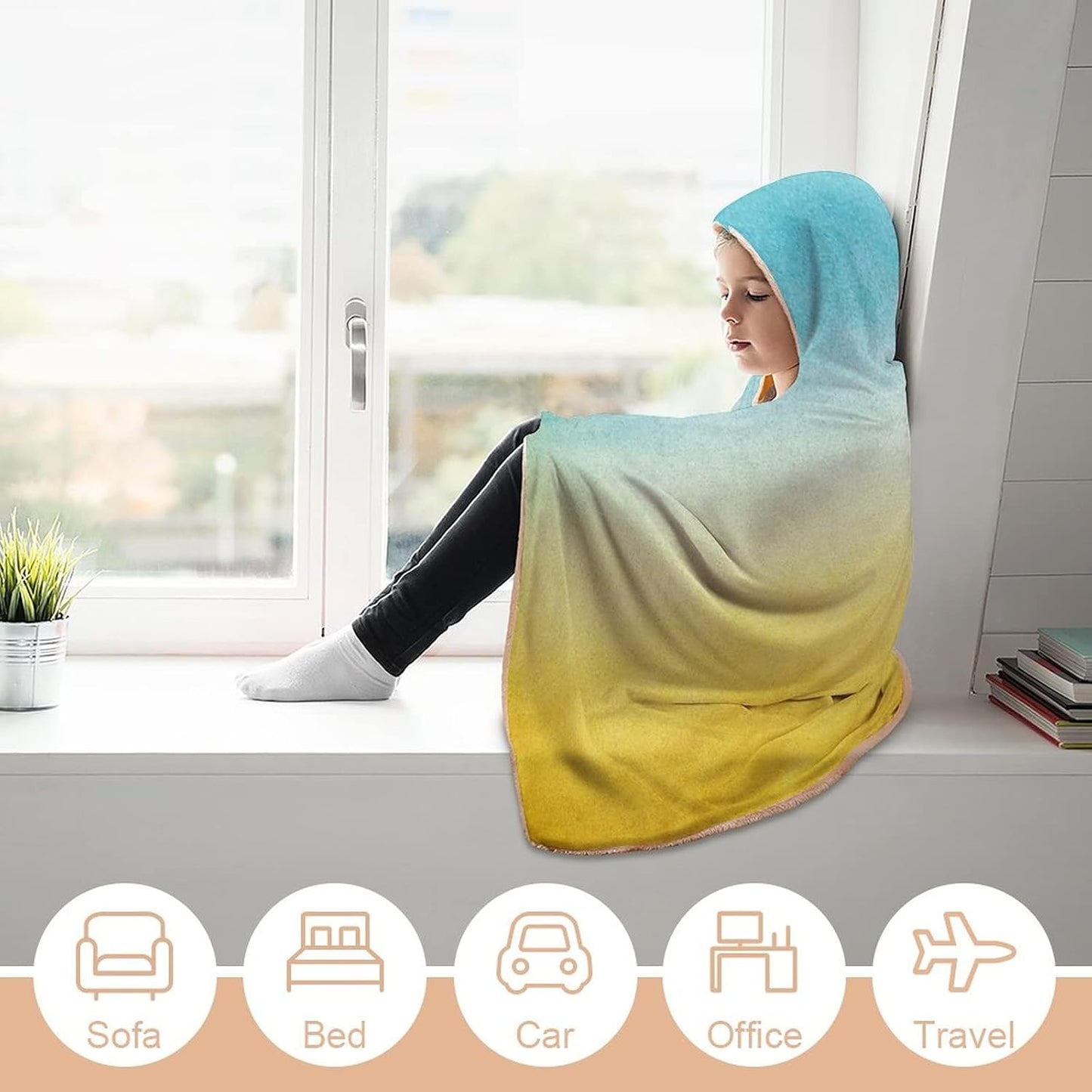 Throw Blankets, Yellow and Blue Women Men Hooded Blanket, Surf Waves Ocean Beach Exotic Dreamy Gradient, Soft Warm Cozy, 40 x 50inches, Studying Reading Snuggling Napping Office, Blue Yellow