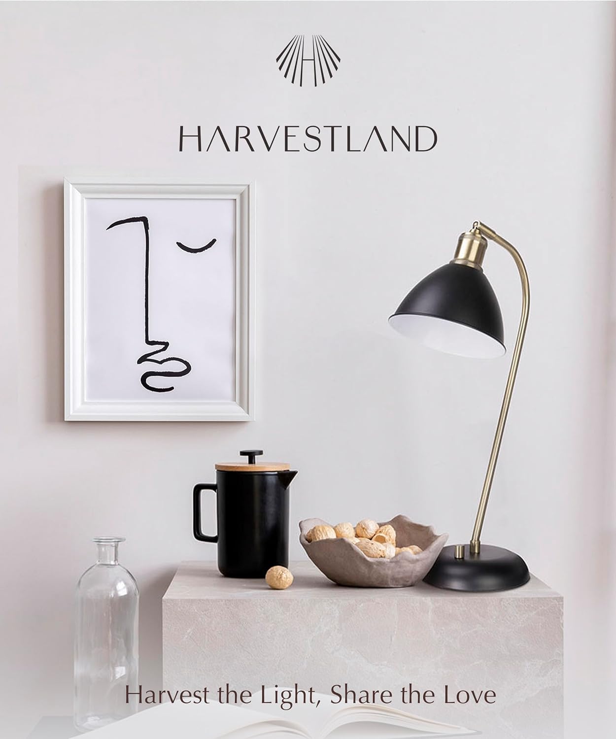 HarvestLand Halo Black and Brass Desk Lamp – Adjustable Desk Lamp with Metal, Industrial Table Lamp with Solid Base for Home Office, Bedside Table Lamps, Task Lamp, Reading lamp, Great Gifts
