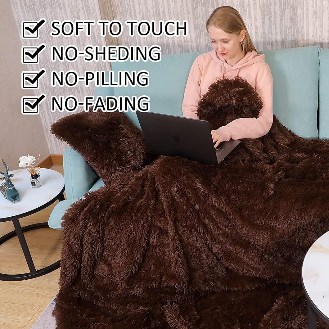 YUSOKI Long Faux Fur Twin Size Blanket,2 Layers,3.4lb for Bed Couch Home Décor Gifts Men (Brown,60" x 80")