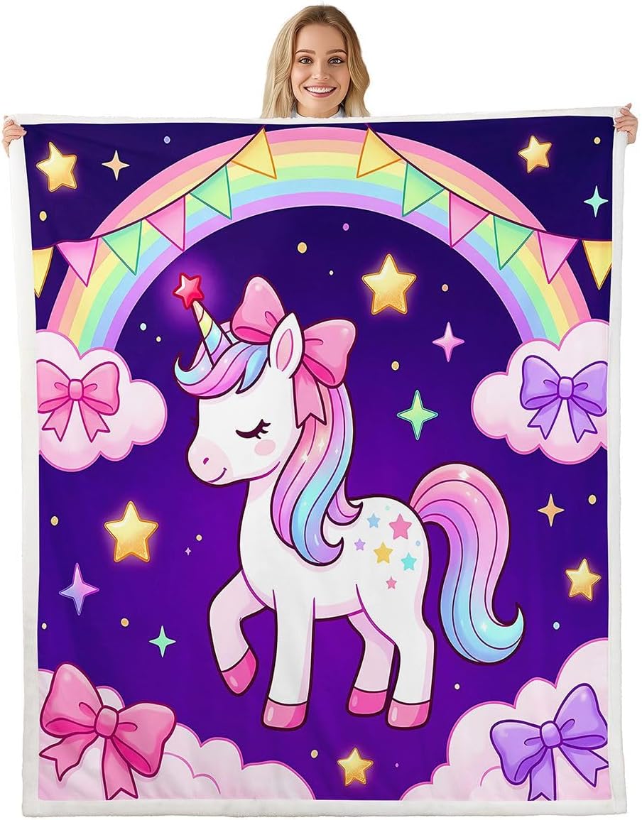 Feelyou Cute Unicorn Sherpa Throw Blanket for Couch Pink Bow Super Soft Cozy Fleece Princess Unicorn Blanket for Winter, Plush Throw Dreamy Horse Baby 30"x40" All Season