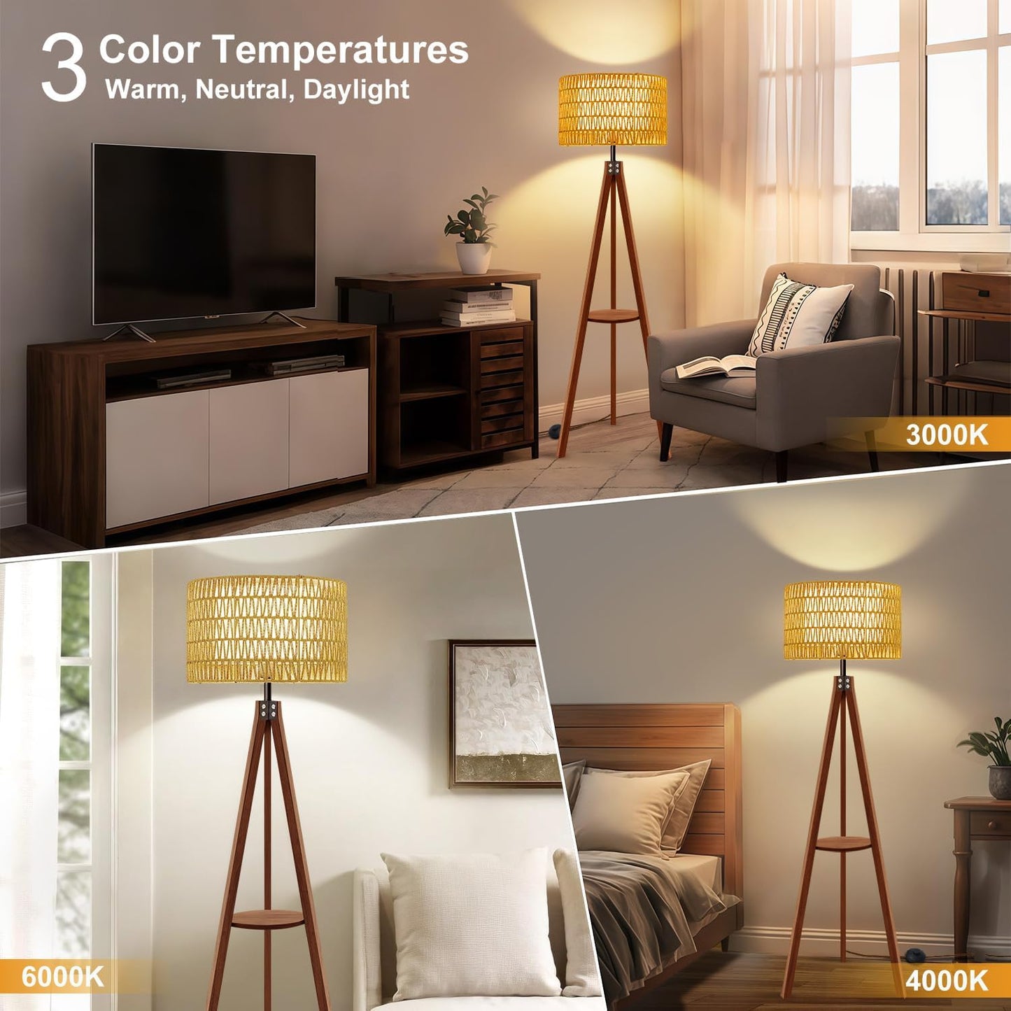 Boho Rattan Floor Lamp with Shelf & Bulb Included, Wicker Tripod Floor Lamp 3 Color Temperatures, Wood Rustic Tall Lamps with Foot Switch, Walnut Boho Standing Lamps for Living Room Bedroom