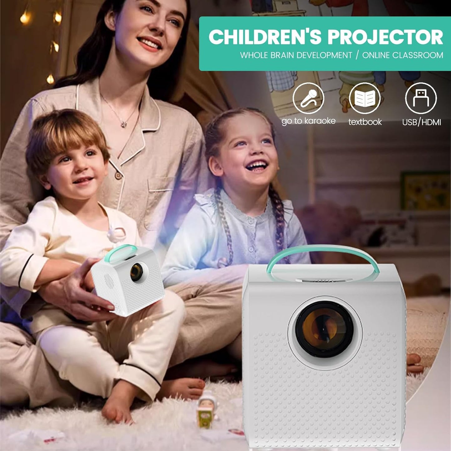 Mini Projector, 1080P Support, Book Projector for Reading, Portable Projector with Handle, USB/HDMI Connection, 50 ANSI, 20"-70" Screen Video Projector for Laptop/PC/Smartphone