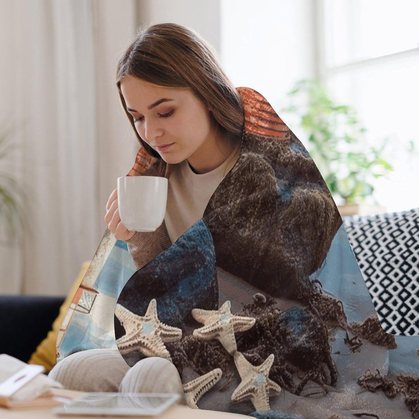Starfish Lighthouse Beach Blanket Super Soft Lightweight Throw Blanket Cute Cozy Warm Bed Blanket Decorative Fuzzy Blanket All-Season Home Decor Gift for Sofa Couch Living Room 50"*60"（130 * 150cm）