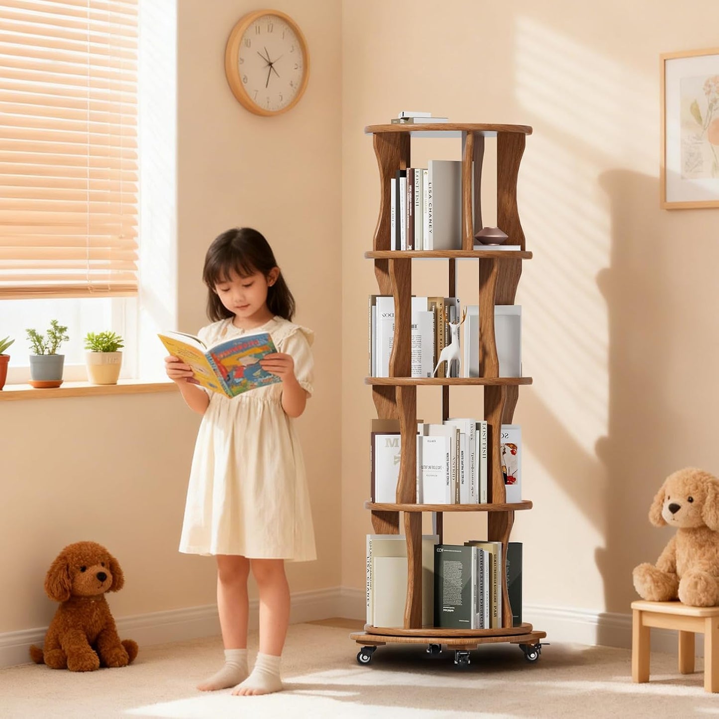4 Tier Solid Wood Rotating Bookshelf with Wheels, Round Revolving Bookcase Organizer, 360° Spinning Storage Shelf for Corner, Small Narrow Spaces, Home, Office, BedRoom,Living Room,Study Room