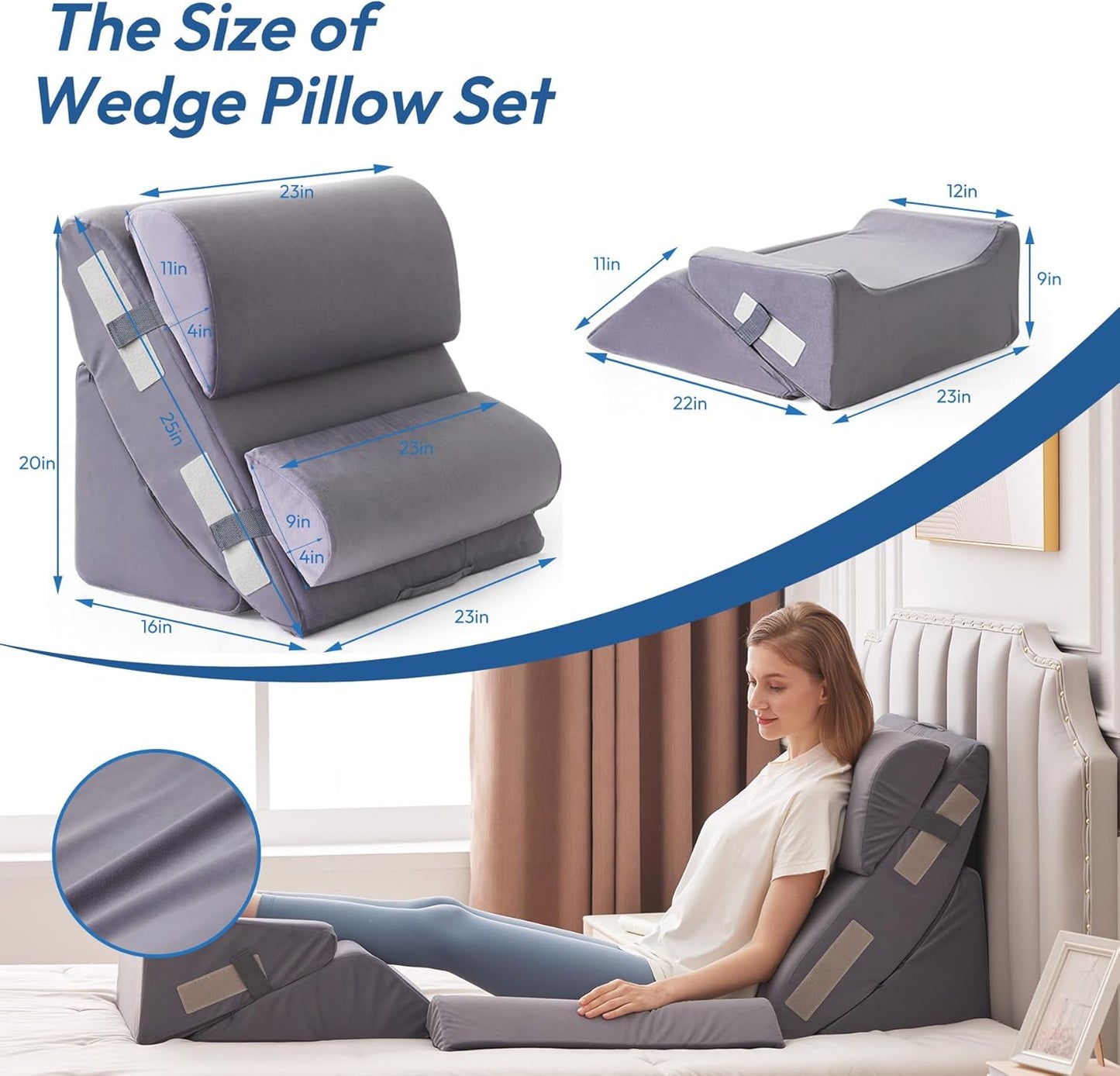 6PCS Wedge Pillow Set for After Surgery, Back Pillow for Bed Sitting Up, Orthopedic Bed Wedge for Body, Leg Pain Relief, Memory Foam Pillow for Post Surgery, Sleeping, Acid Reflux, Plush Grey