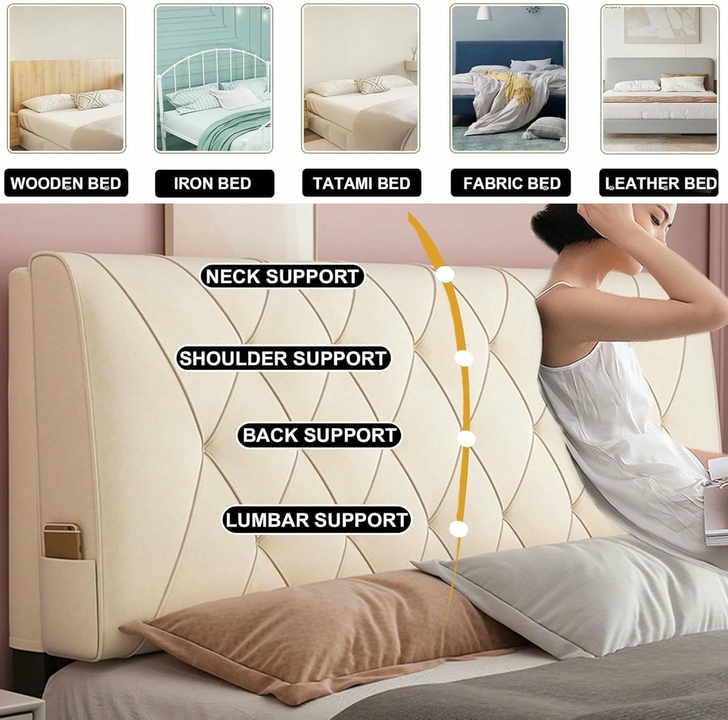 Rectangle Headboard Cushion Bedside Support Cushion Large Backrest,Fleece Reading Pillow Wall Pillowboard Neck Lumbar Upholstered Bedroom Daybed Bolster,Gray1,Straps 79"/King