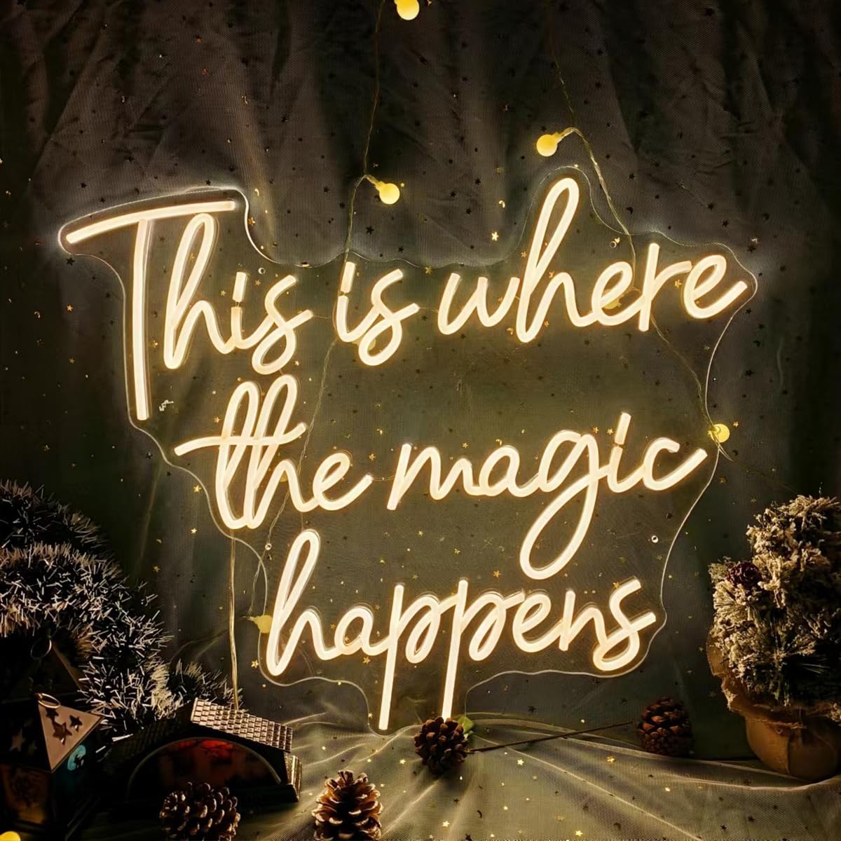 This Is Where The Magic Happens Neon Signs for Wall Décor, 24” Large LED Neon Light Signs for Wedding, Birthday, Engagement, Bachelorette Party, Bar, LED Sign gifts for boys girls, 24x20” Warm White