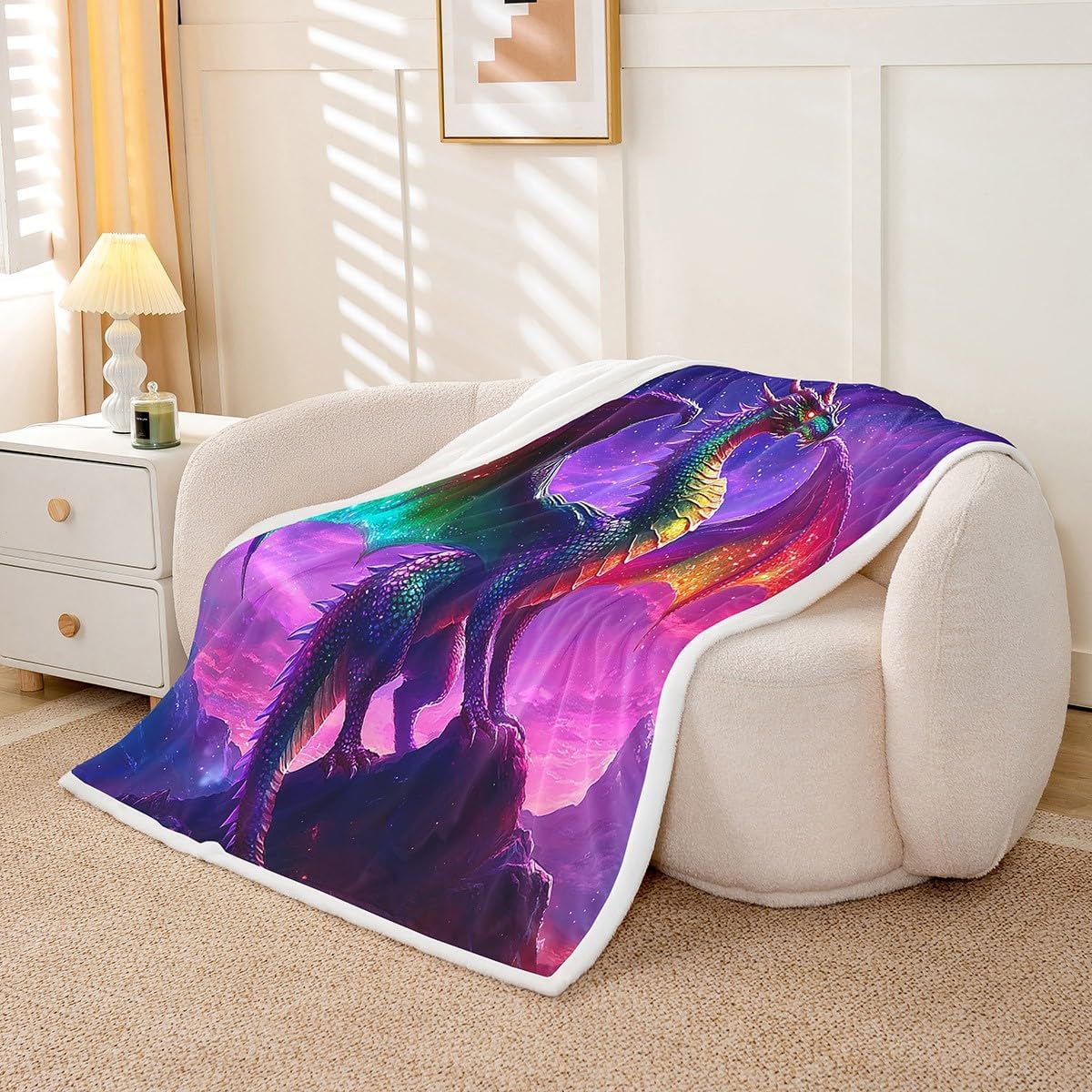 Feelyou Dragon Sherpa Blanket Twin 60"x80" Kids Red Rose Dragon Fleece Throw Blanket Chinese Traditional Culture Plush Blanket Galaxy Dragon Purple Fuzzy Blanket