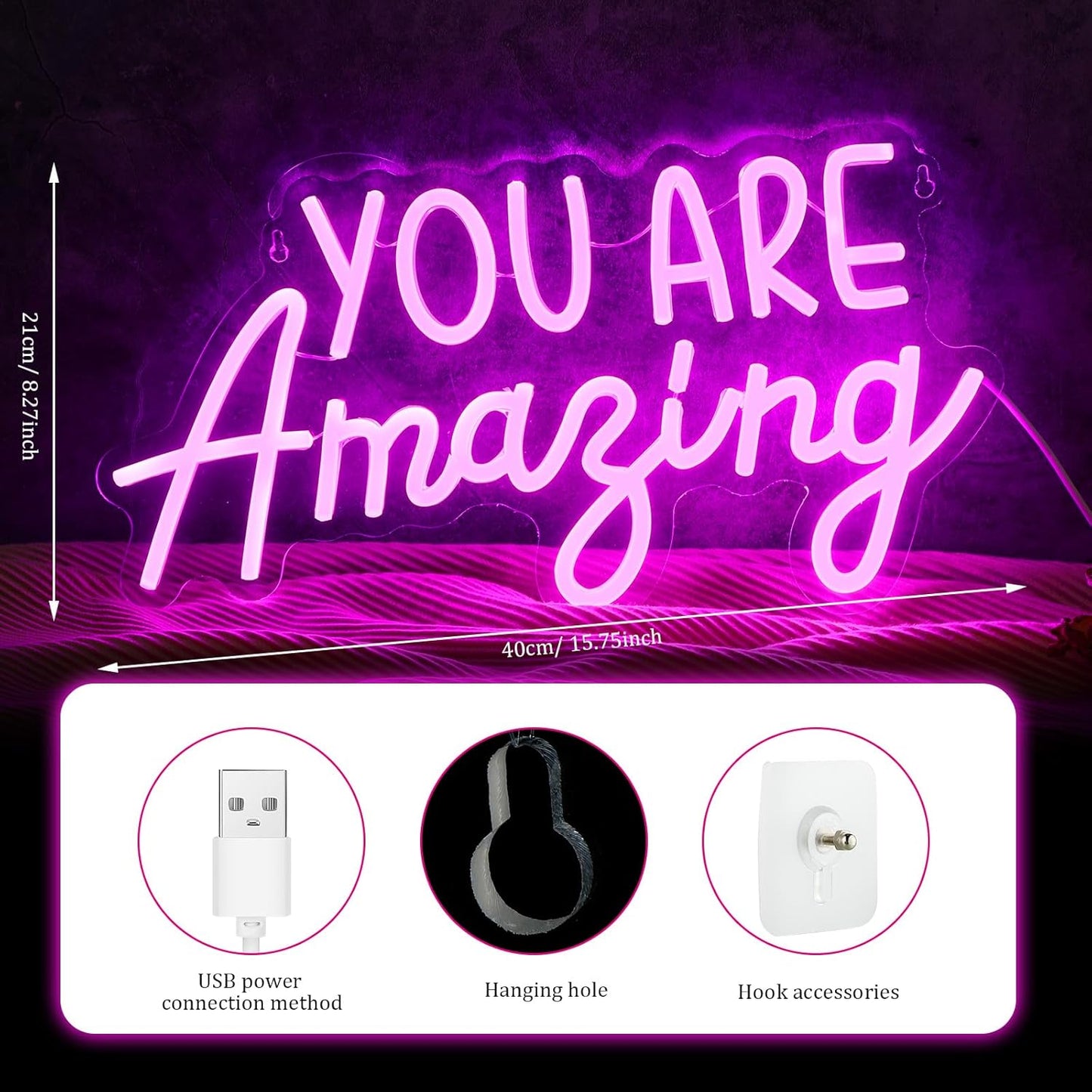 Hoolerry You Are Amazing Neon Sign Wall Decor for Bedroom Pink LED Neon Light Birthday Girls Party Wall Room Decor USB Sign for Christmas Party Gifts Birthday Wedding Classroom Women