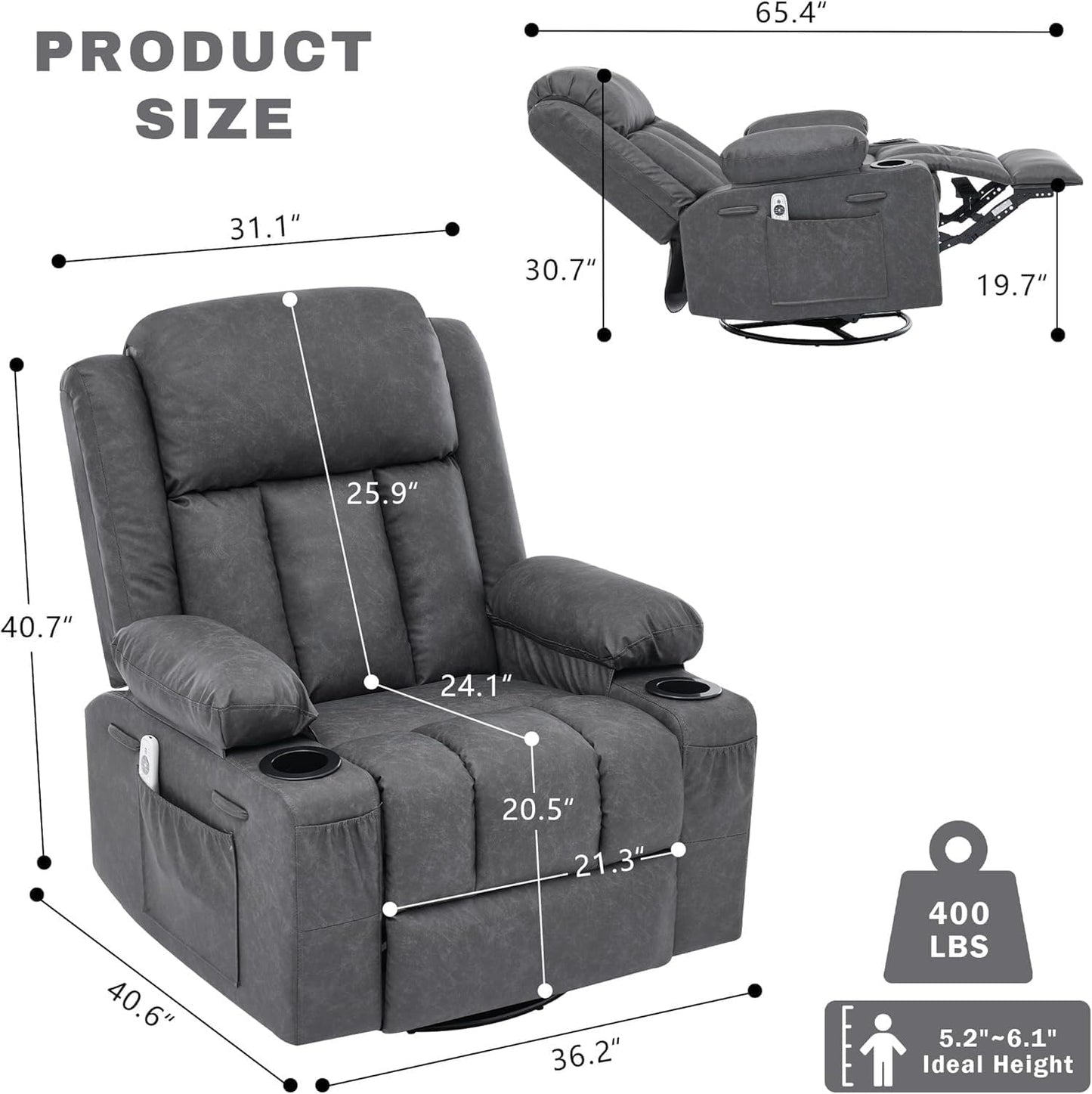 Rocker Recliner Chair with Heat and Massage for Adults Elderly Oversized 360 Swivel Recliners Chairs Single Sofa Seat for Living Room Bedroom