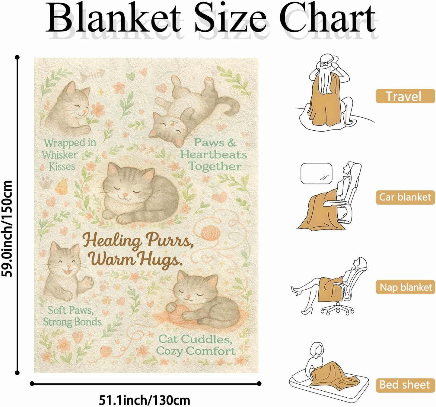 Cat Throw Blanket 50x60, Flannel Fleece Soft Cozy Pastel Watercolor Kittens, Floral Hearts Design, Lightweight Couch/Bed Cover, Gift for Cat Lovers & Women, Machine Washable