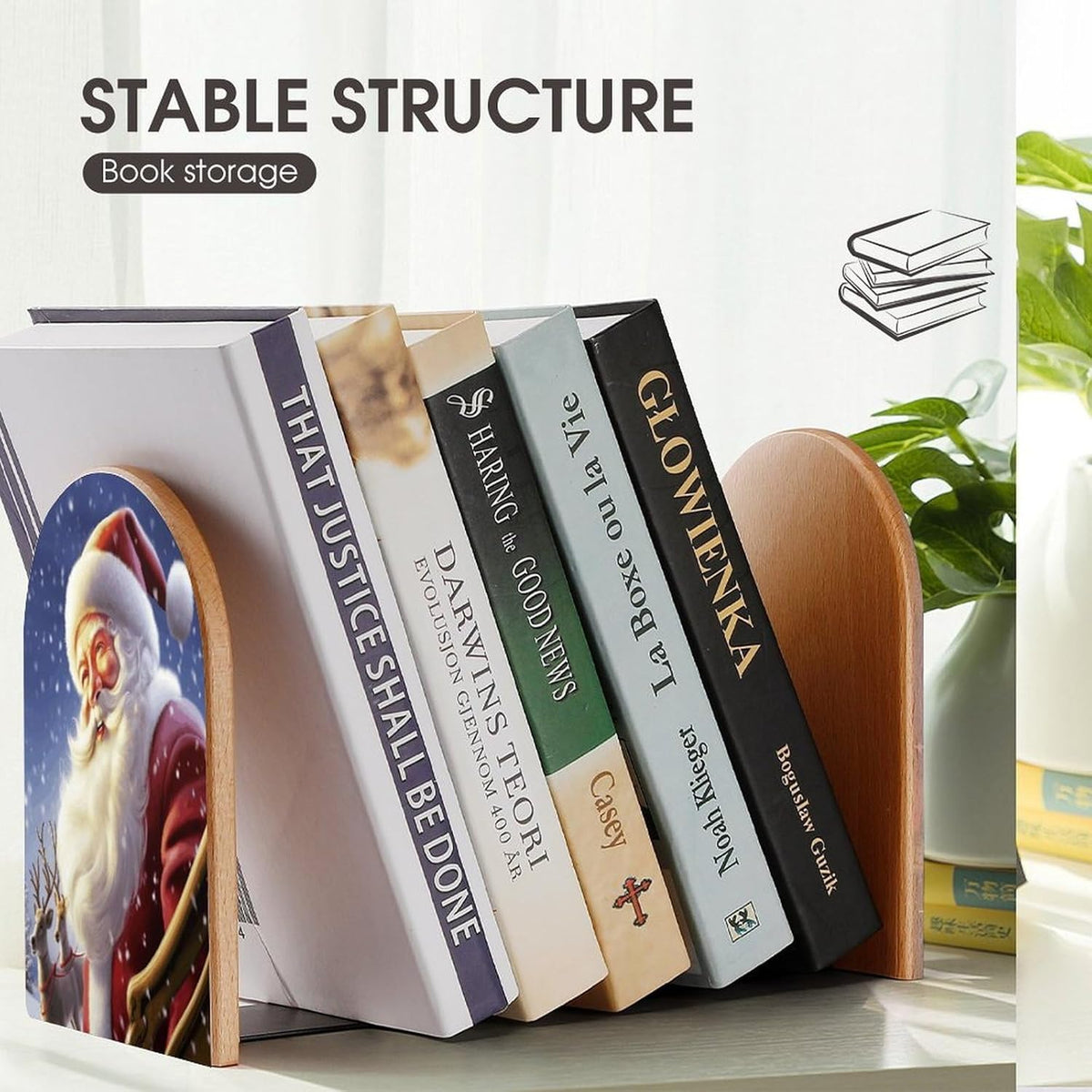Santa Claus Wooden Bookend Non-Slip Book Ends Heavy Duty Book Stopper with Metal Base Books Holderd Decorative Bookends Stands Firmly for Office Supplies
