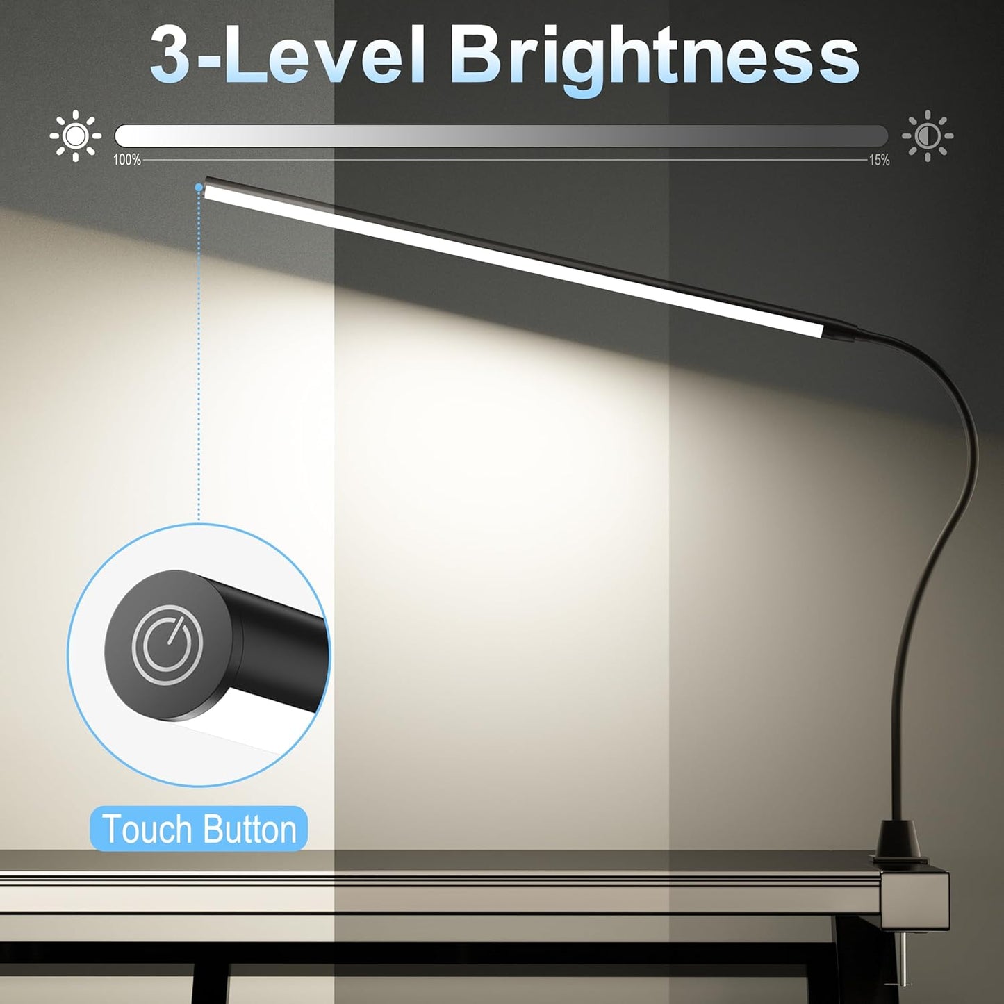 deeloop LED Clip-on Reading Light, 20" Ultra-Long Chips Bright Desk Lamp, 10%-100% Stepless Dimming & 3 Color Modes Office Lamp with 360 Head Rotation Memory Function Clamp Light