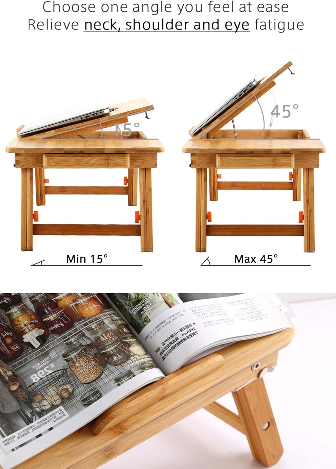Laptop Desk Nnewvante Table Adjustable Bamboo Foldable Breakfast Serving Bed Tray w' Tilting Top Drawer