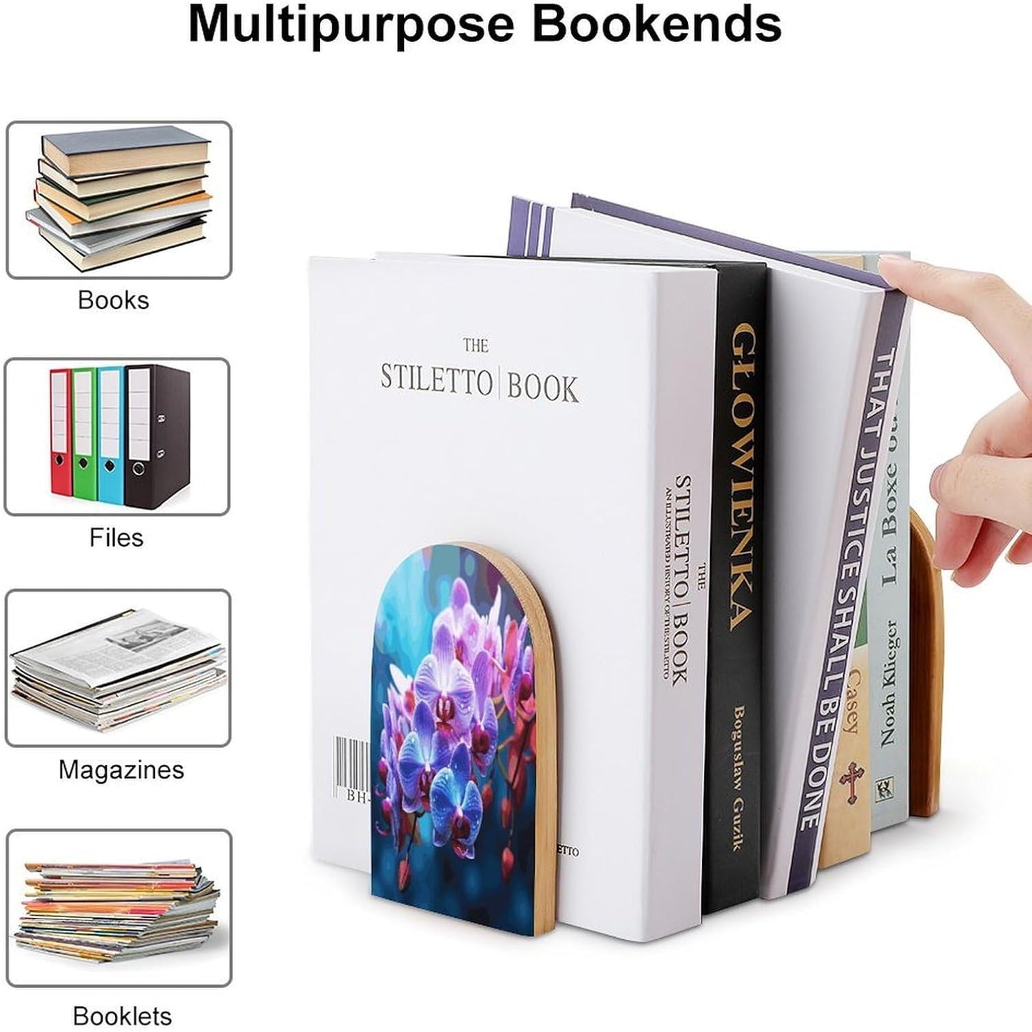 Colorful Orchids Flower Bookends 1 Pair Heavy Duty Book Ends for Shelves Non-Skid Bookend Supports Wooden Book Holders with Metal Base Desk Organizers Books Storage to Hold Books