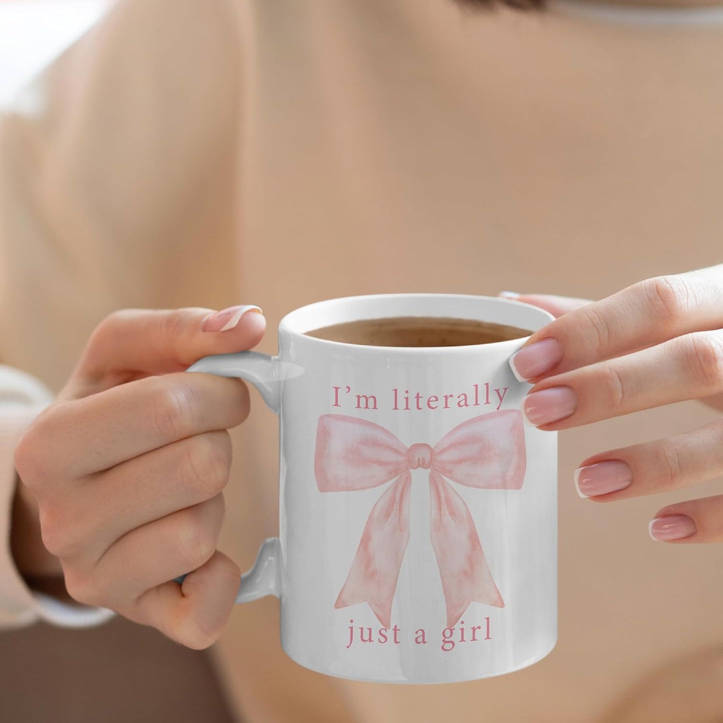 Pink Preppy Coquette Bow Mug,Bow On Ceramic Coffee Cup 11oz, I'm Literally Just A Girl White Ceramic Mug For Women Girls Bestfriend Sister Girlfriend,Pink Bow Lovers Gift