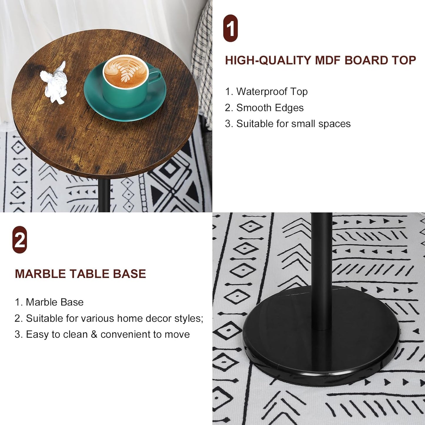 smusei 2 Pack Small Round Side Table Drink Table with Marble Base Pedestal Table for Small Spaces Round End Table for Living Room Bedroom Home Decor, Brown
