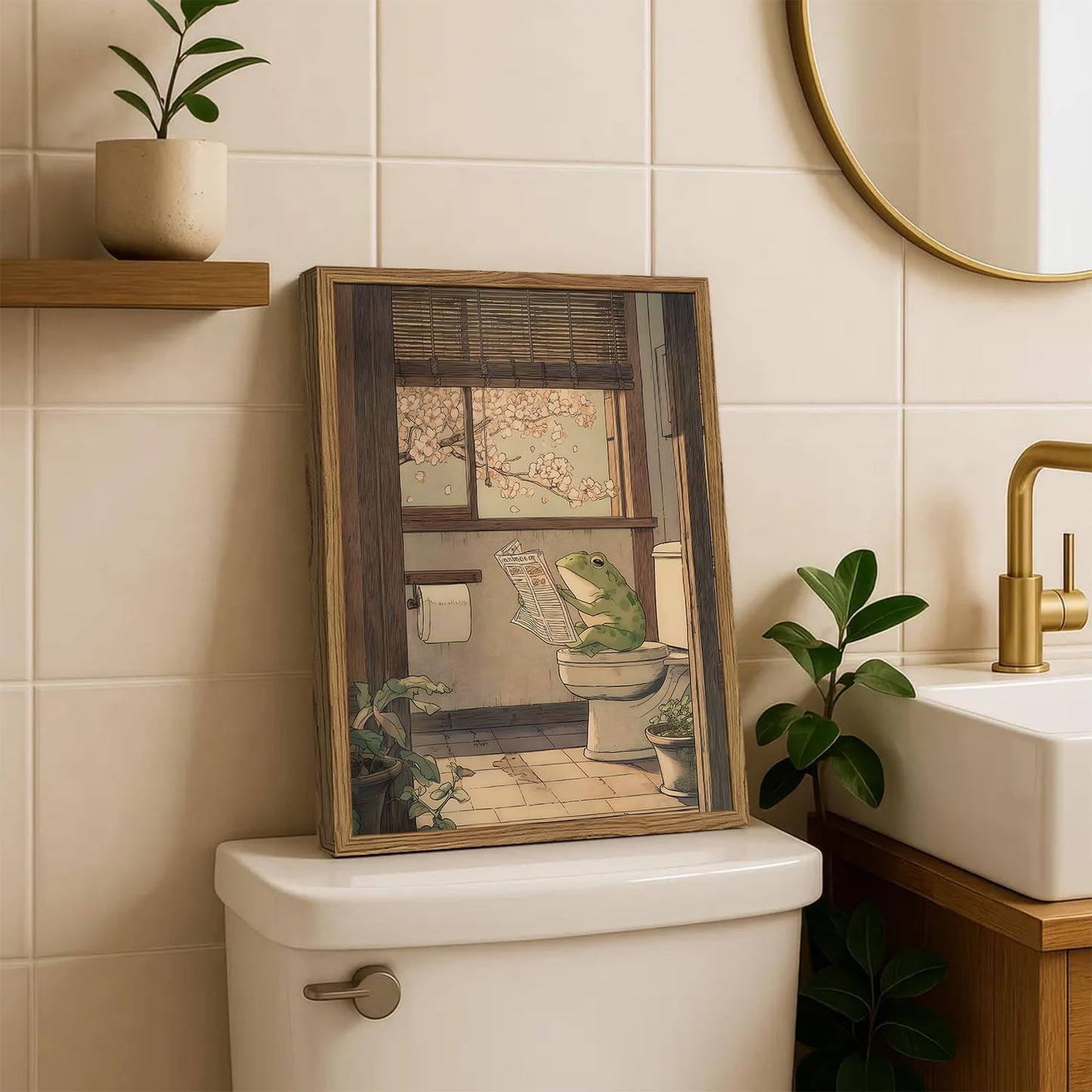 Funny Japanese Frog Bathroom Wall Art Whimsical Frog Reading Newspaper on Toilet Wall Decor Picture Vintage Animal Restroom Poster Canvas Painting Print 16x24 inch Wood Framed