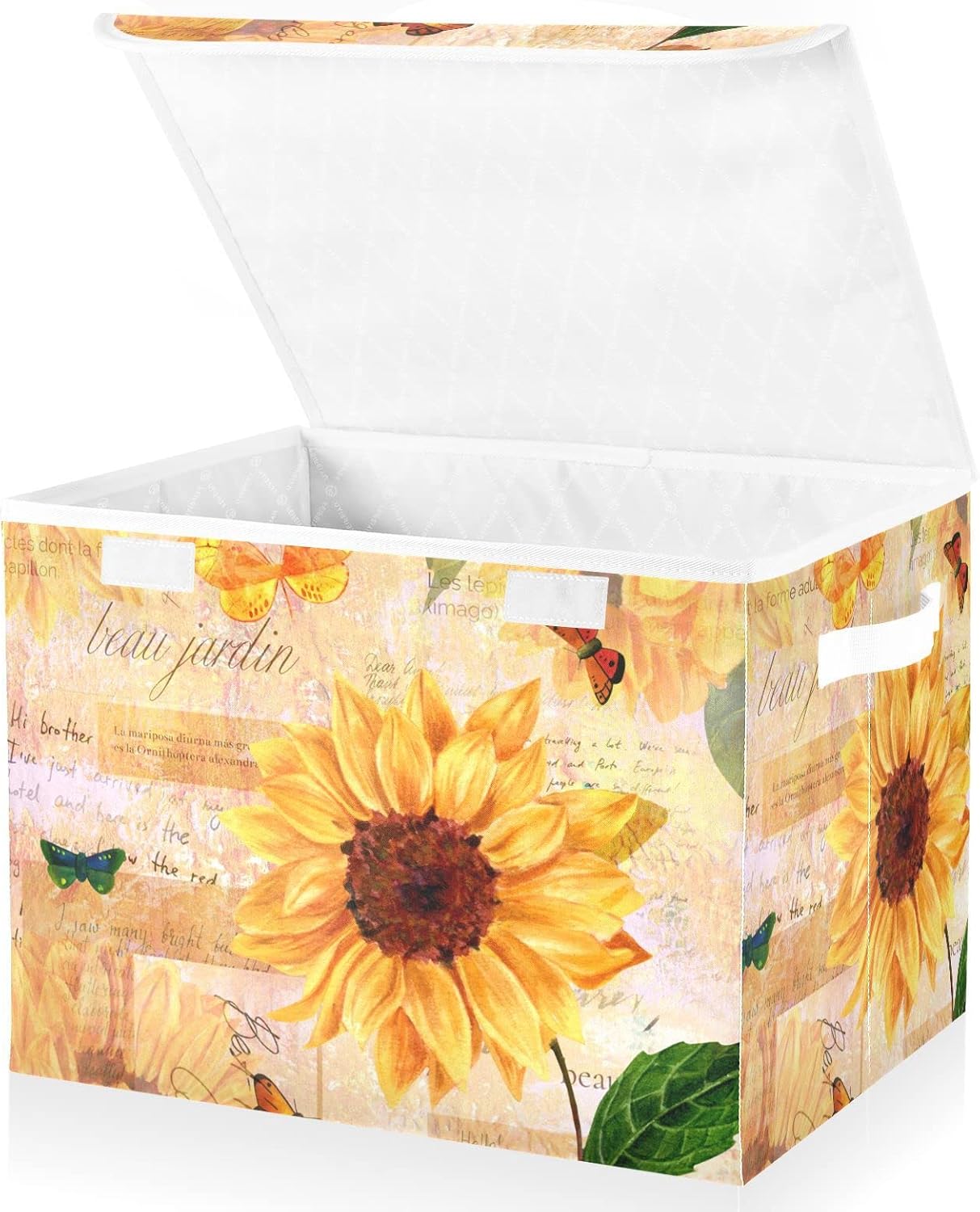 SUABO Vintage Sunflower and Butterfly Storage Bin with Lid Large Oxford Cloth Storage Boxes Foldable Home Cube Baskets Closet Organizers for Nursery Bedroom Office