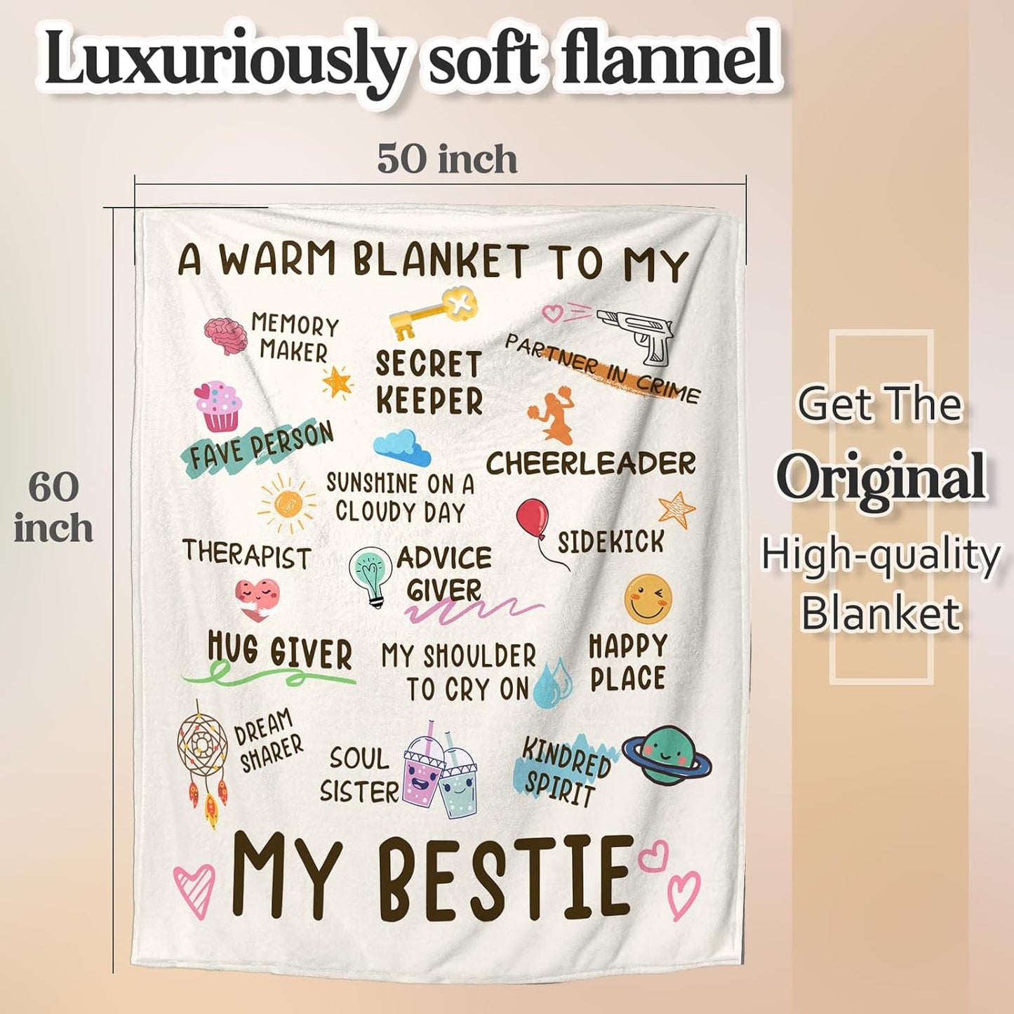 Best Fried Blanket 60"x 50", Best Friend Birthday Gifts for Women, Bestie Gift Ideas for BFF Soul Sister Friendship, to My Bestie Fleece Throw Blanket